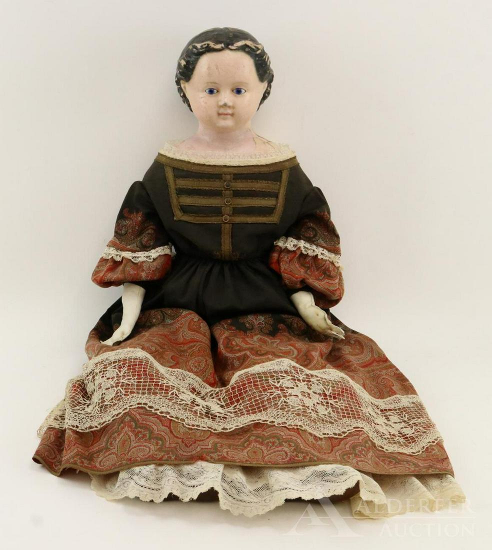 LOT OF PAPIER MACHE DOLL(S).: 36" Wax over papier mache unmarked Greiner-type shoulder head doll with stationary blue glass eyes, closed mouth, painted/molded black center part hair. Original cloth body. Original cloth arms have e