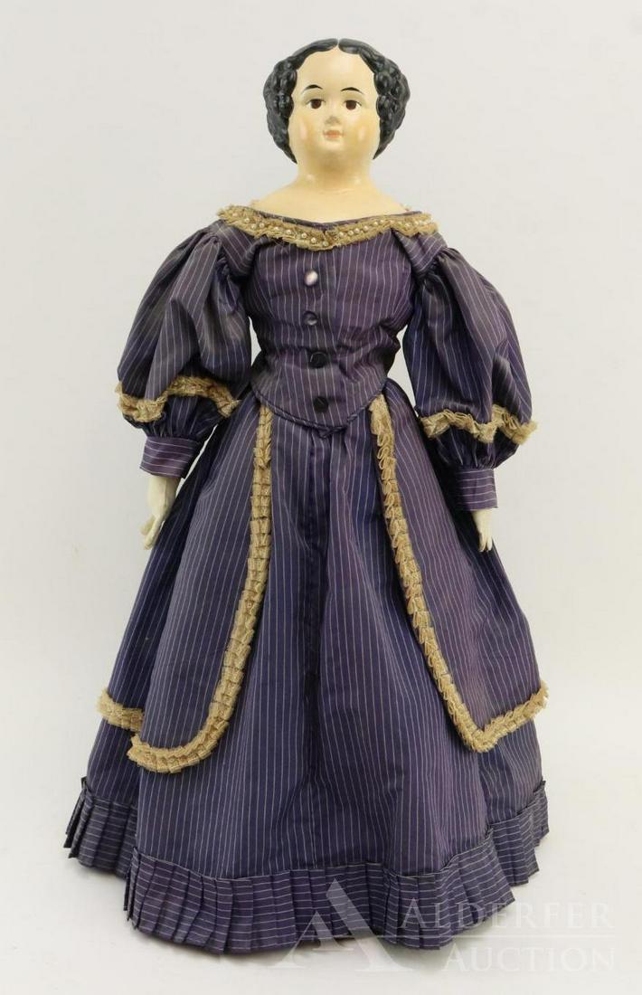 LOT OF PAPIER MACHE DOLL(S).: 24" Unmarked shoulder head doll. Painted brown eyes, center part black hair. Vintage cloth body with white leather arms, individual fingers. Dressed in reproduction blue stripe silk 2 pc. outfit. Ruch