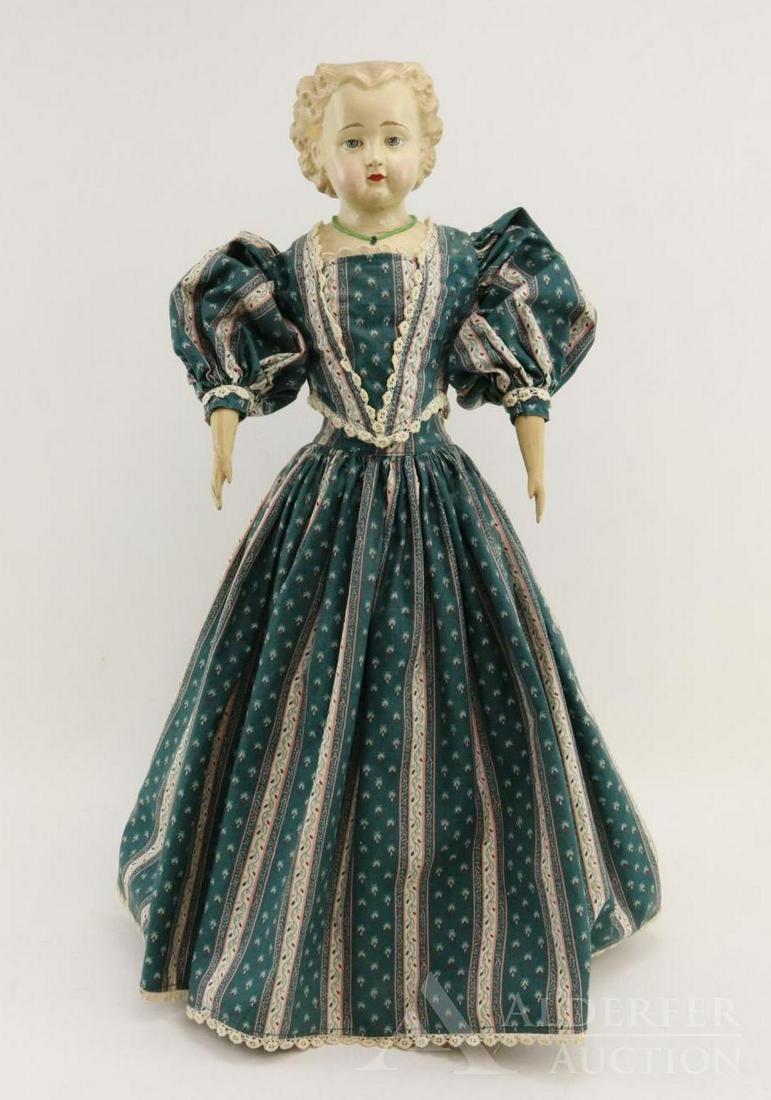 LOT OF PAPIER MACHE DOLL(S).: 25" UNBREAKABLE HEADS 6000 shoulder head doll. Painted blue eyes, closed mouth, blonde center part hair. Original cloth body and arms have been recovered. Original wooden lower arms. Dressed in contem
