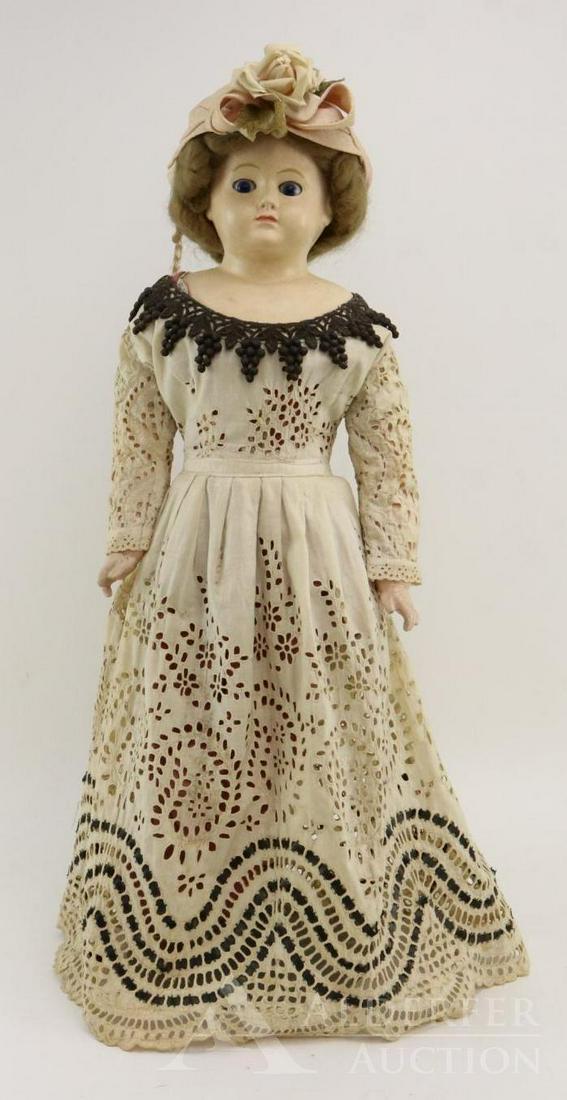 LOT OF PAPIER MACHE DOLL(S).: 26" (Mark impression illegible) Shoulder head doll. Blue sleep eyes, closed mouth, brown mohair wig. Original cloth body with papier mache lower arms and legs; molded/painted boots. Dressed in antique