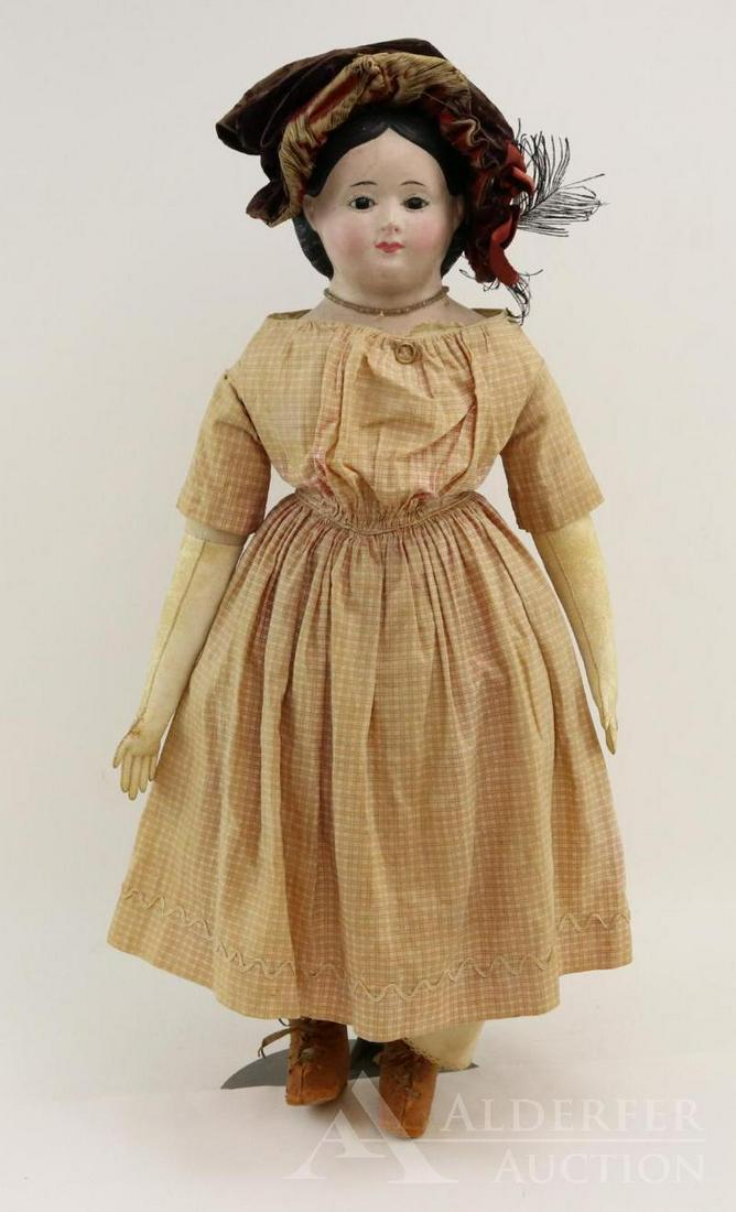 LOT OF PAPIER MACHE DOLL(S).: 26" Unmarked Greiner-type shoulder head doll. Stationary black pupiless eyes, closed mouth, black center part molded hair. Original cloth body with ivory leather arms, individual fingers. Dressed in a