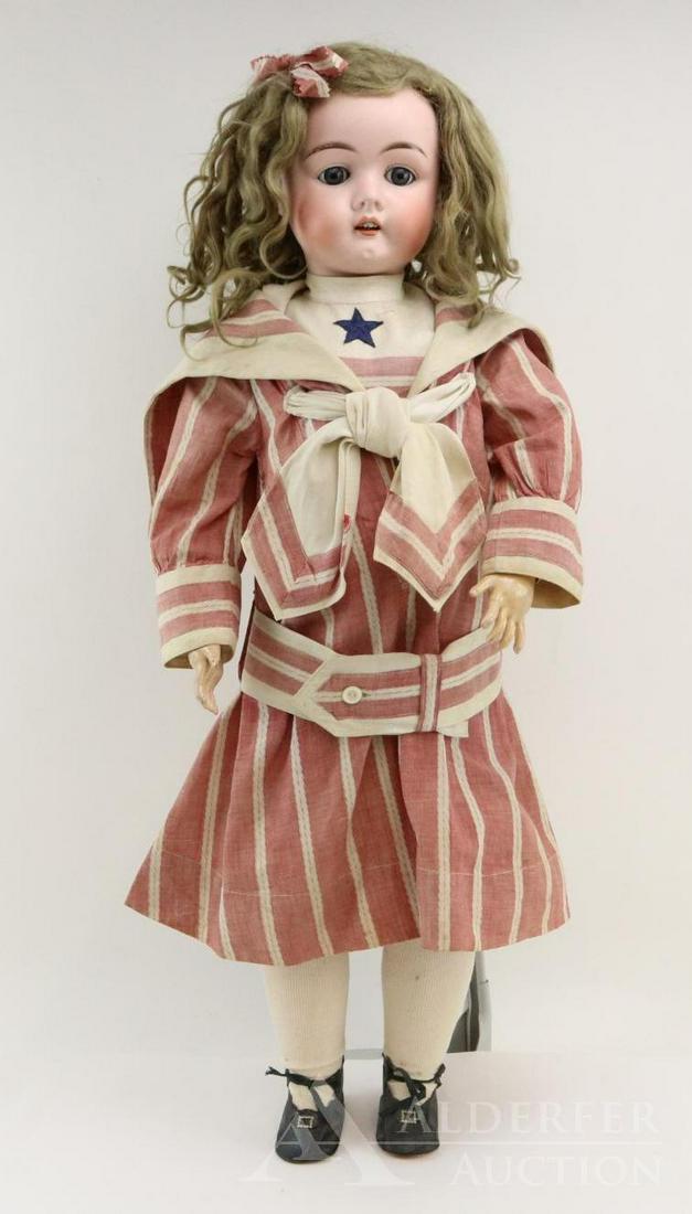 ANTIQUE GERMAN BISQUE HEAD DOLL.: 32" 283/33 MAX HANDWERCK GERMANY 6 doll. Blue sleep eyes, open mouth, very full tosca mohair wig. Papier mache ball jointed body. Dressed in an antique child's red/ivory stripe chambray 2 pc. sailor s