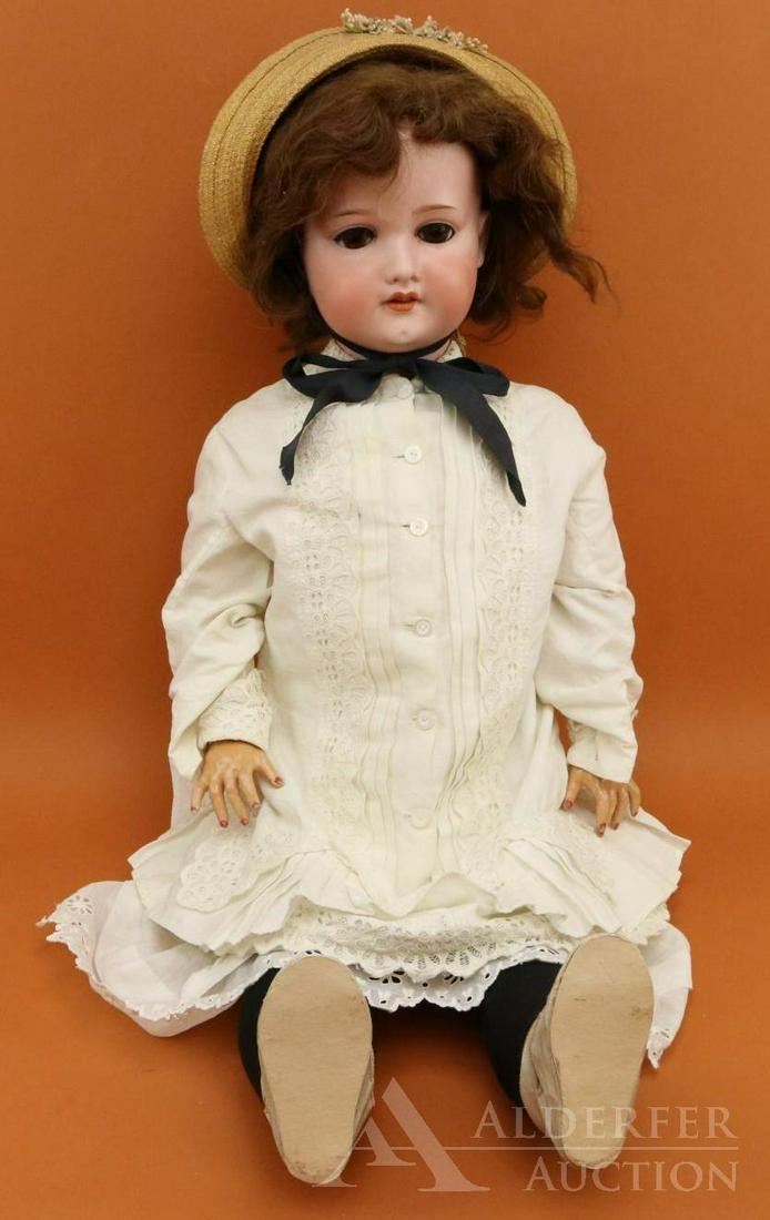 ANTIQUE GERMAN BISQUE HEAD DOLL.: 36" ARMAND MARSEILLE GERMANY 390 A.16.M doll. Stationary brown eyes, open mouth, brown human hair wig. Papier mache ball jointed body marked (red stamp) HEINRICH HANDWERCK GERMANY . Dressed in all ant