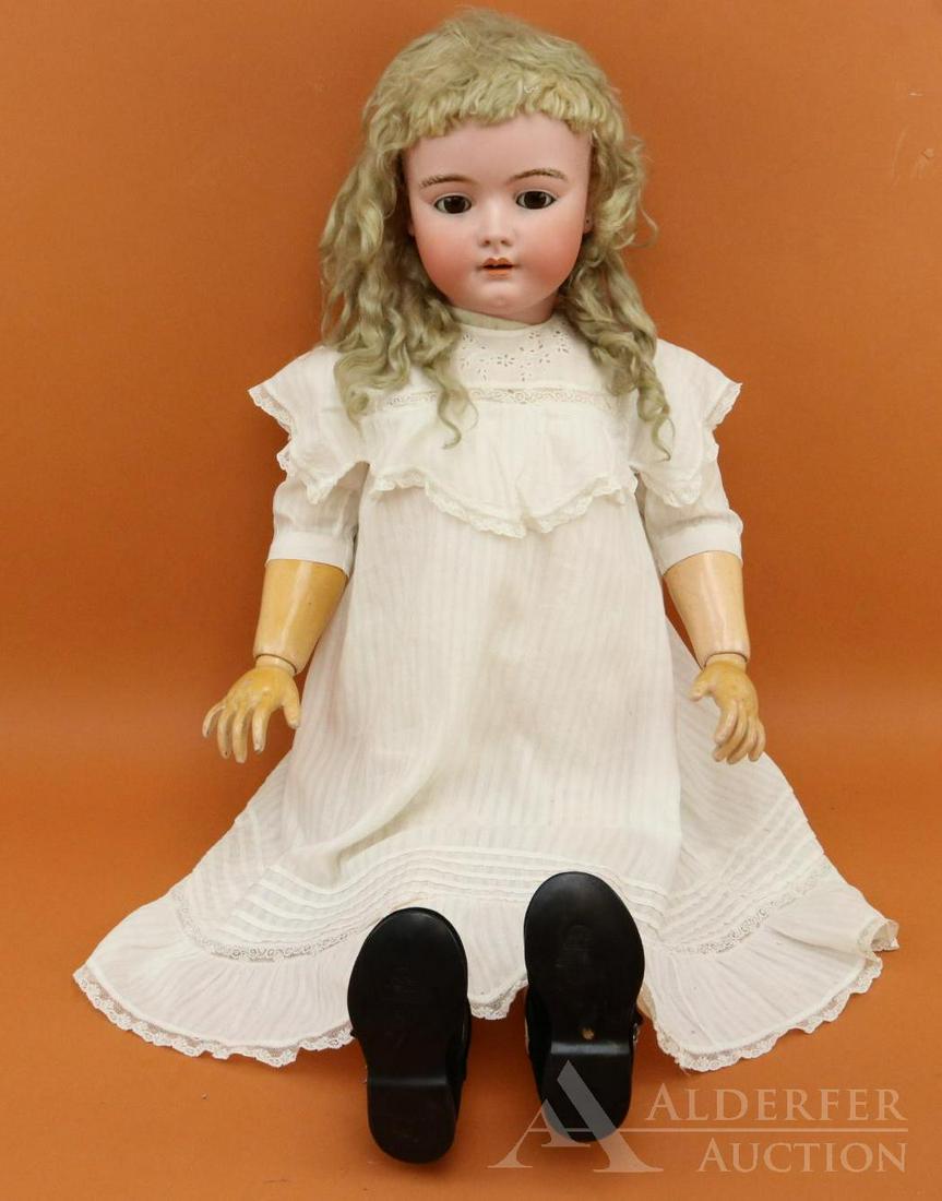ANTIQUE GERMAN BISQUE HEAD DOLL.: 37" 79 17 1/2 GERMANY HANDWERCK 8 Doll. Brown sleep eyes, open mouth, pierced ears, original long blonde mohair wig. Clean papier mache (6) ball jointed body stamped (dark red) HEINRICH HANDWERCK GERM