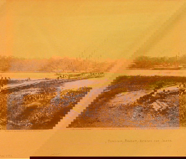 Albumin Photograph-Alexander Gardner.: Large format albumin photograph titled "Pontoon Bridge Across the James—No. 69 June 1864". Image from photographic portfolio "Incidents of War" by Alexander Gardner. Image shows pontoon bridge with
