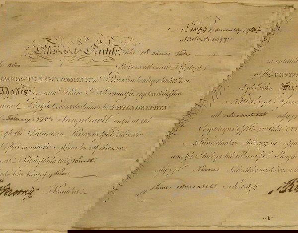 Robert Morris Autograph.: ADS Robert Morris (1734-1806) Signer of Declaration of Independence. Document is certificate for two shares of the North American Land Company dated February 20, 1795 and signed by Morris as president
