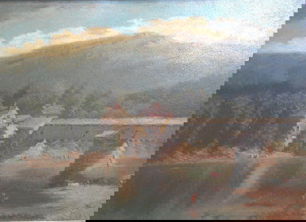 Attributed to Karl Yens.: Landscape with covered bridge leading to mill buildings, cows on shore, mountain in background, oil on board, 13 1/2" x 18 1/2", unsigned. Artist: b. 1868, d 1945, American. Condition: no defects obse