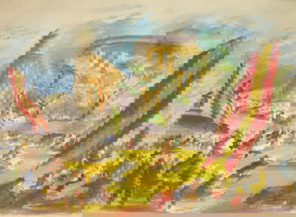 John August Groth.: Depiction of a wrestling match in a city square, watercolor, 21" x 28 1/2" sight, SUR, "John Groth", also inscribed upper left, "Las Palmas Canary Islands Lucha Canary Wrestling". Artist: b. 1908, Ame