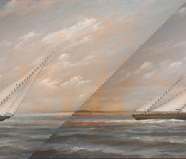 Eric Sloane.: Portrait of the tall ship "Malihini", oil on canvas board, 27 1/2" x 32", SLR, "Sloane". Artist: b. 1910, d. 1985, American. Condition: bubbling in canvas.
