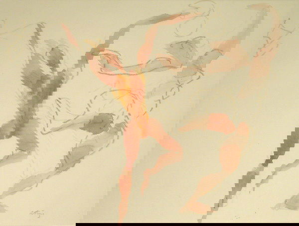 Emlen Etting.: Titled, "Ballet Dancers #1", watercolor, 10 1/4" x 13 1/4" sight, SLR, "Etting". Artist: b. 1905, d. 1992, Pennsylvania. Condition: no defects observed.