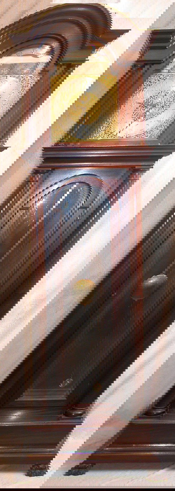 Tall Case Clock - Waltham.: Waltham eight-day tall case clock with single tube chime, moon dial, second hand and date, brass dial with white metal numerals and spandrels, dome top bonnet with arched door and full columns, case h