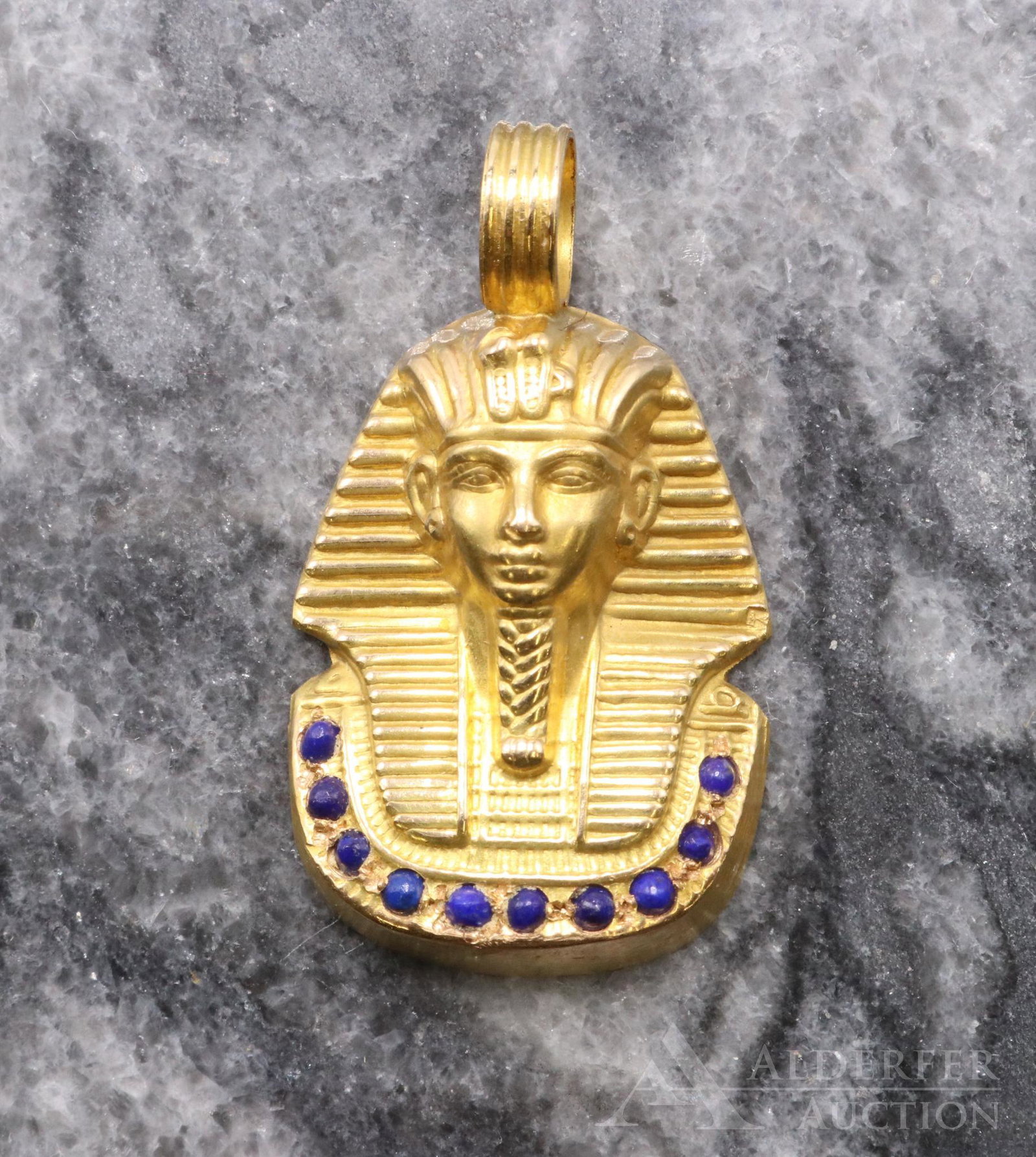18KY Gold King Tutankhamun Pendant: Mask of Egyptian pharaoh king Tut with blue cabochon accents. 7.5gtw