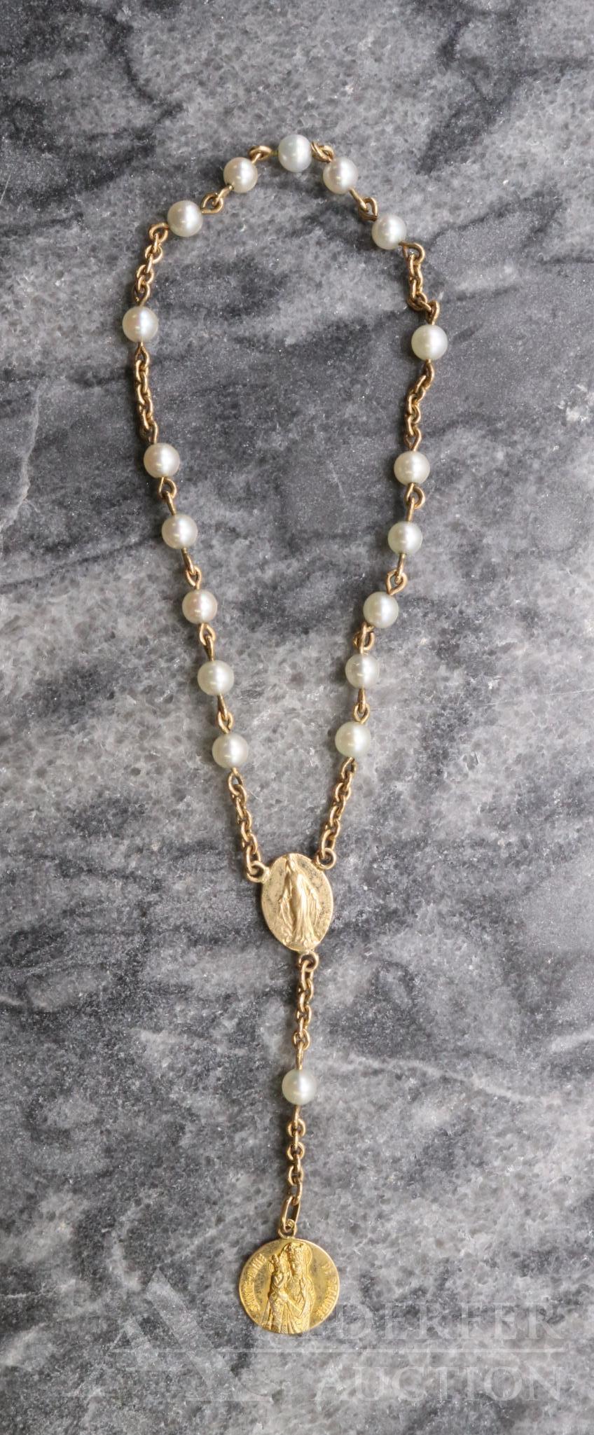 18KY Gold Rosary Bracelet with Pearls: Gold bracelet with pearl bead stations is 8" long plus 2" drop. 7.4gtw