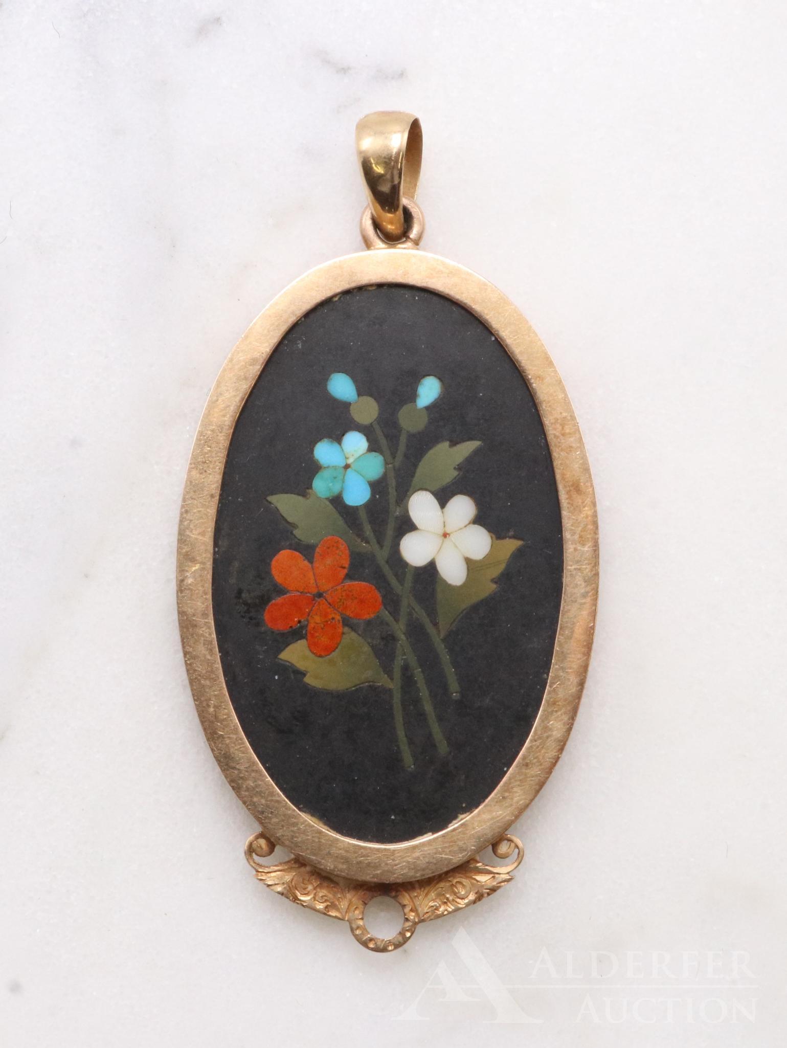 14K Rose Gold Pietra Dura Pendant: Framed floral spray. 2.25" long with bail and etched decorative plate, 1.125" wide. 9.6gtw