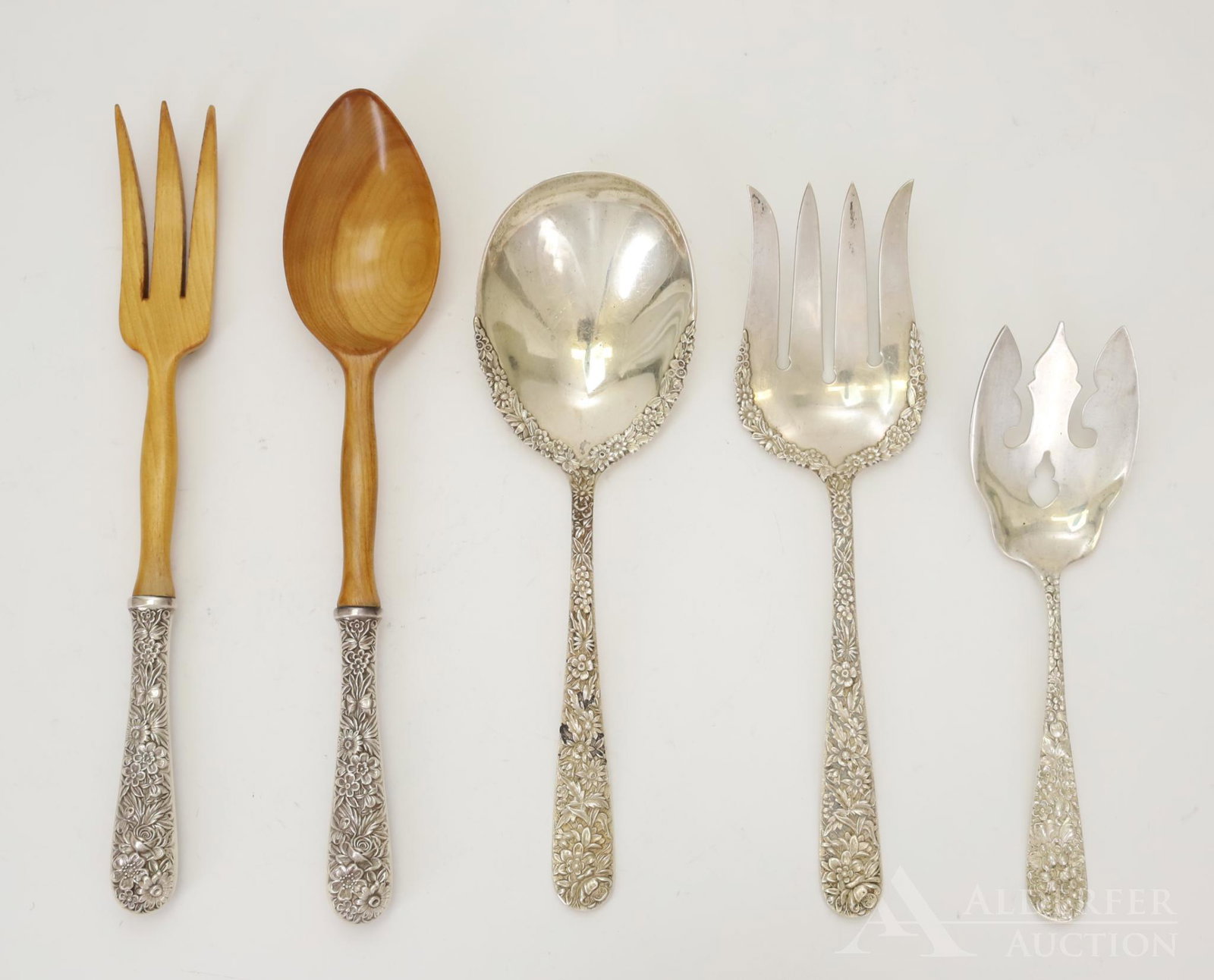 S. Kirk Repousse Sterling Silver Salad Servers: S. Kirk & Sons repousse sterling silver salad serving set with additional floral accents added to the sides of each piece. Also includes a hollow handled set with wooden heads and a Steiff repousse s