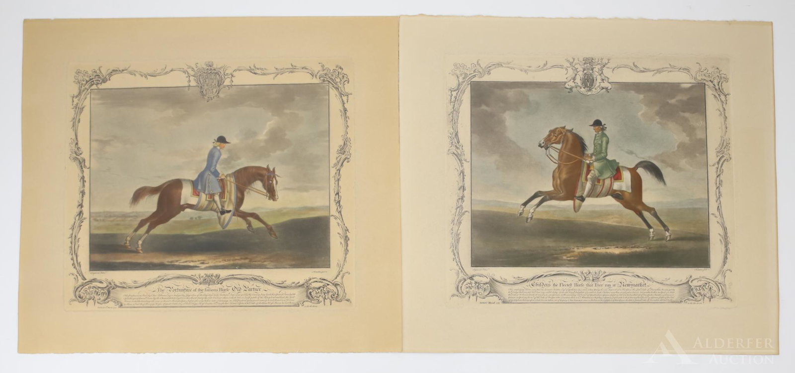 18th Century Mezzotints of Horses: Pair of 18th century mezzotints of horses including; 1.) Hand-colored etching/mezzotint titled "Childers the Fleetest Horse that Ever run at Newmarket" from a painting after James Seymour, engraved by