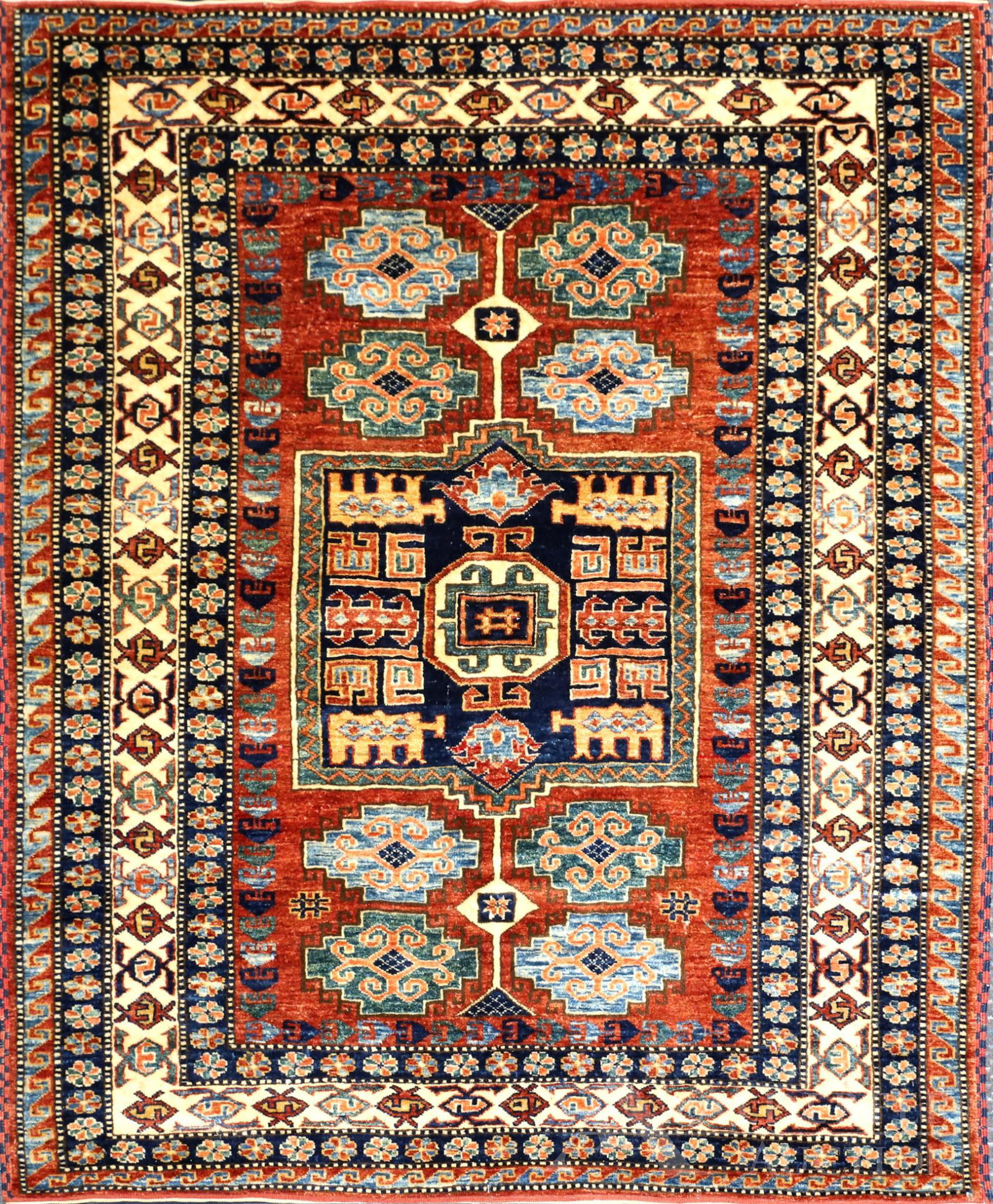 Caucasian Area Rug: Multi-colored rug with symbolic central medallion flanked by quadruple medallions with four borders. 5'6"l x 4'8"w