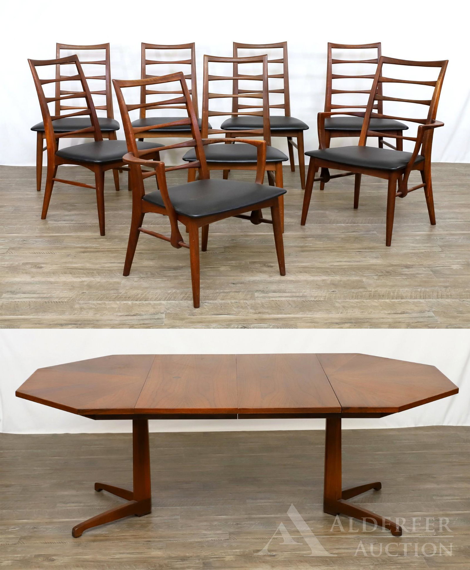 Koefoeds Hornslet Danish Walnut Dining Suite: (9) piece suite to include and extending dining table with two leaves, and eight dining chairs which included two arm chairs with ladder back style backs, leather seats on tapered legs. Chairs: 37h" x