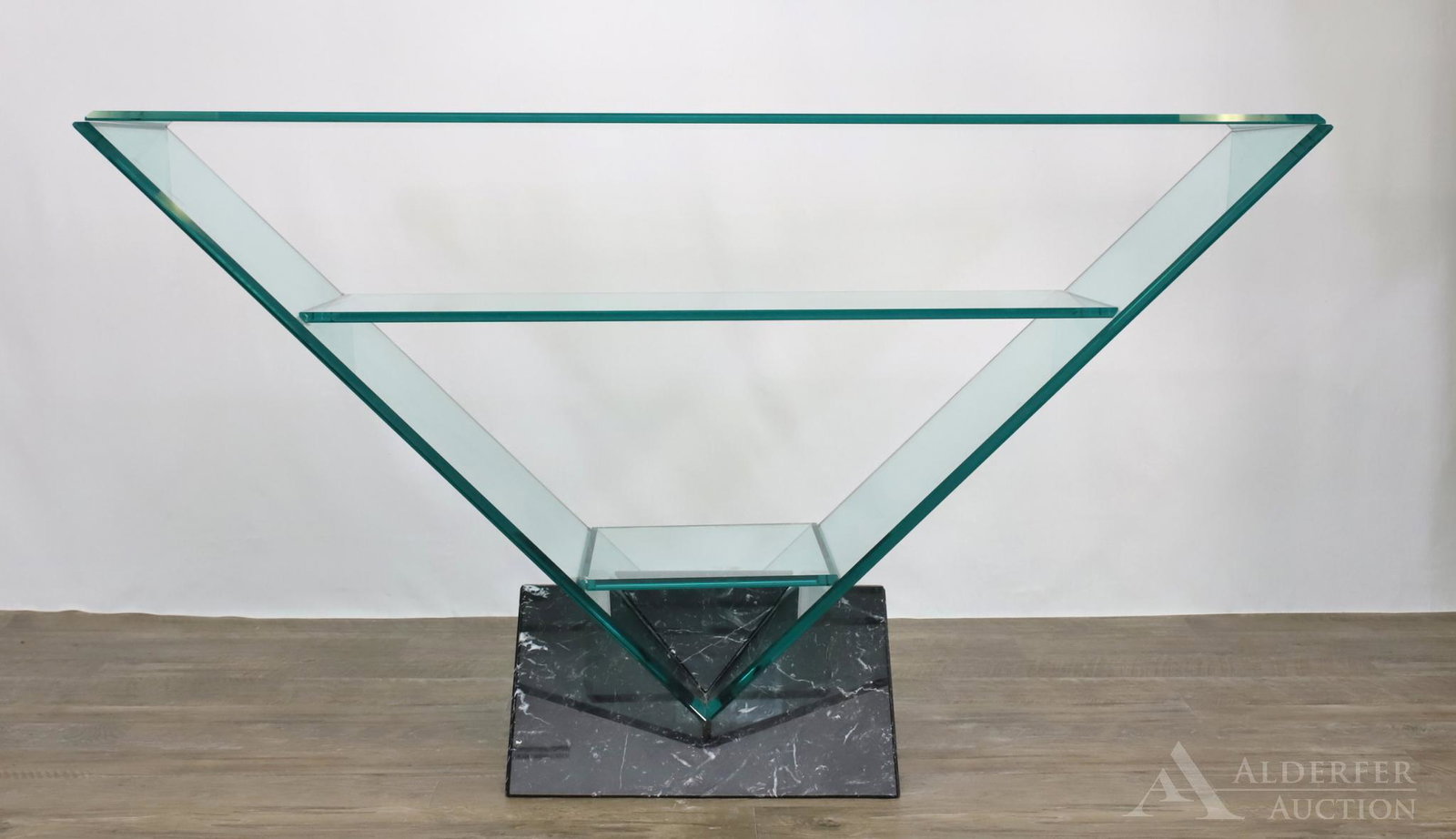 Glass Three Tier Reverse Pyramid Console Table: With a black marble base. 36.5h" x 57w" x 13d"