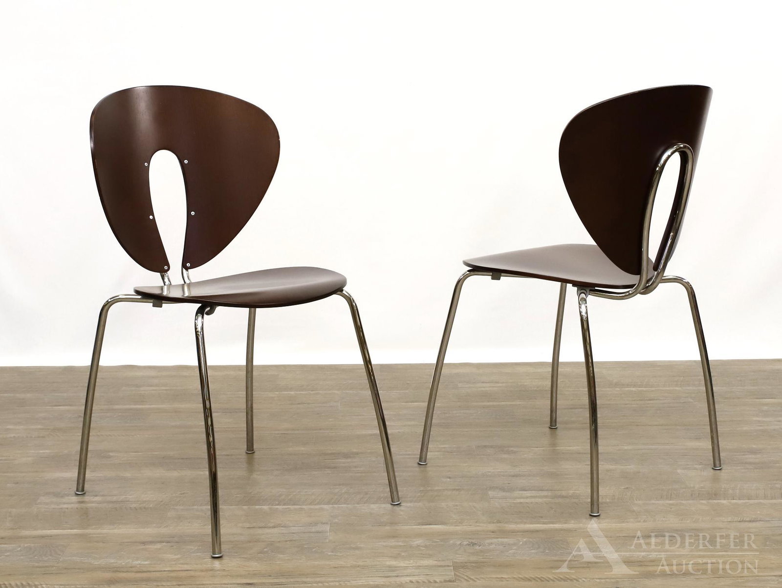 Stua Globus Chairs Designed by Jesus Gasca: Beech plywood with balloon style backs and chromed steel frames. Made in Spain. Pair. 32.5h" x 18w" x 16.5d"