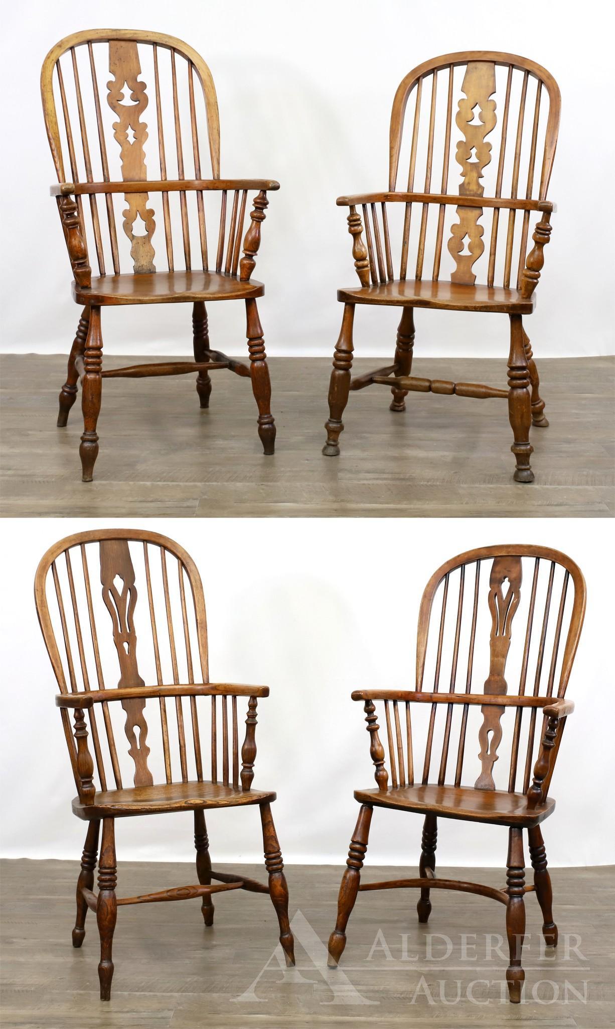 Elmwood Windsor Style Arms Chairs: Pierced splats with turned arms, stretchers, and legs. Fraternal set. 41h" x 22w" x 21d"