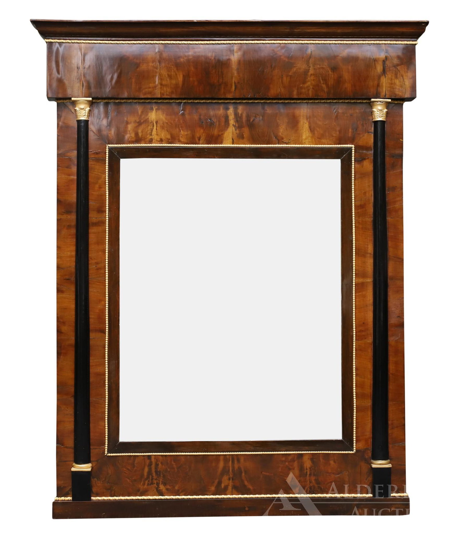 Biedermeier Mirror: Figured mahogany veneer, fluted columns with acanthus capitals. 50h" x 47w" x 4.75d"