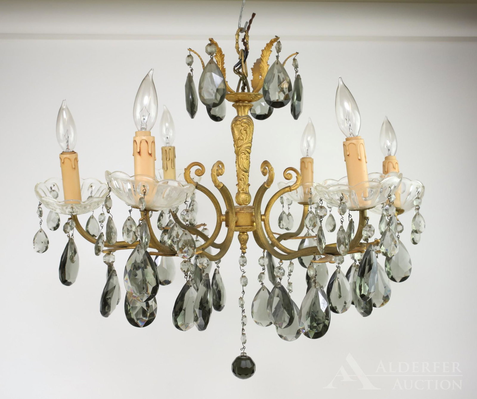 French Ormolu and Smoke Cut Glass Chandelier: 6 arm chandelier with c-scroll and foliate decoration. 30"h x 26"w