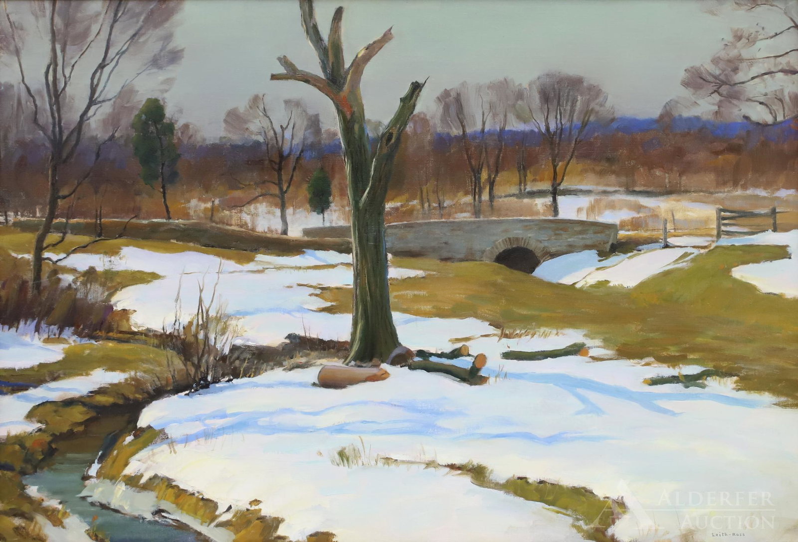 Harry Leith-Ross (1886-1973): Oil on canvas, SLR. Winter landscape with stone walking bridge. 22”h x 32”w and 26.75”h x 36.75”w framed