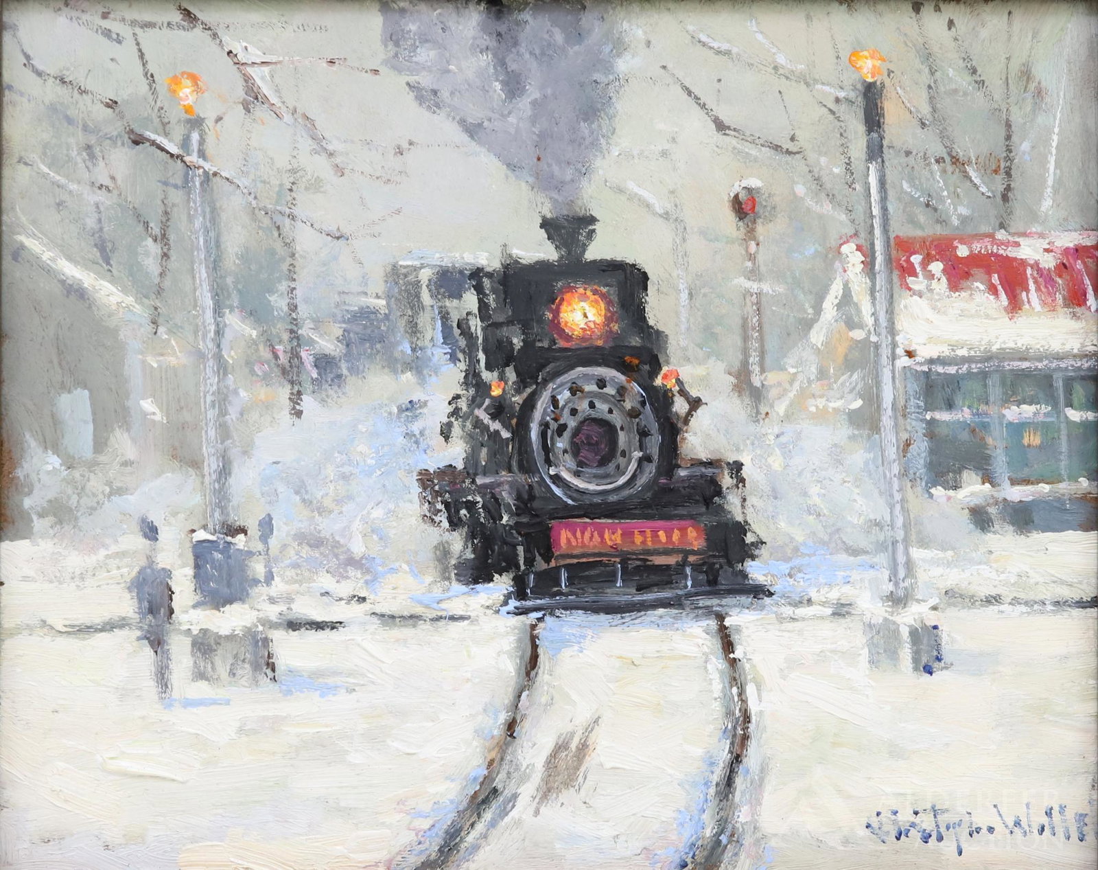 Christopher G. Willett (Born 1959): Oil on board, SLR and titled “New Hope Train, New Hope, PA”. Snowy landscape of a train. 8”h x 10”w and 11”h x 13”w framed