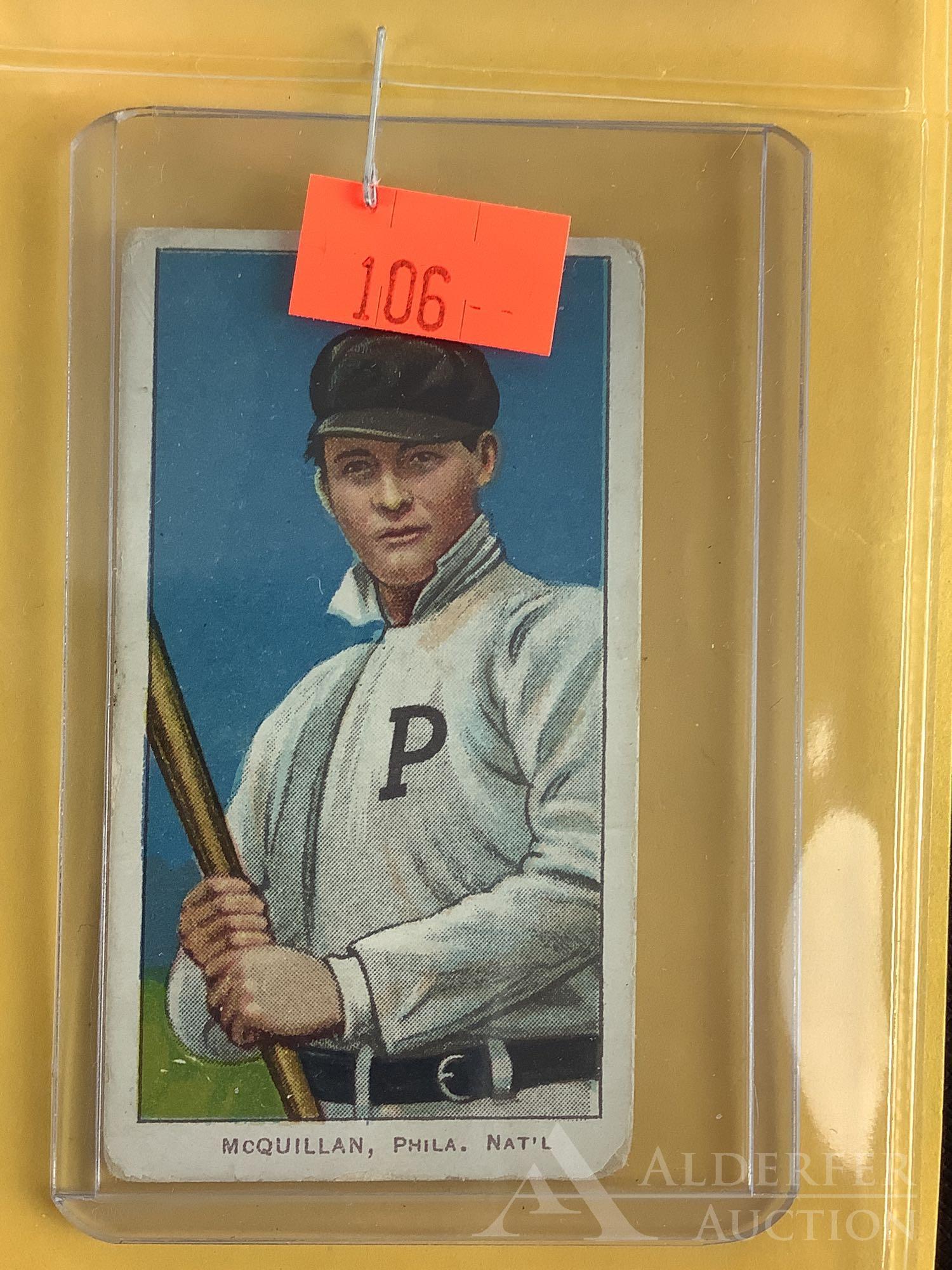 Piedmont T-206 White Border baseball tobacco card: 1909, 10 & 11 Piedmont T-206 White Border tobacco card, McQuillan, Philadelphia Nationals, Batting (opinion of condition VG+)