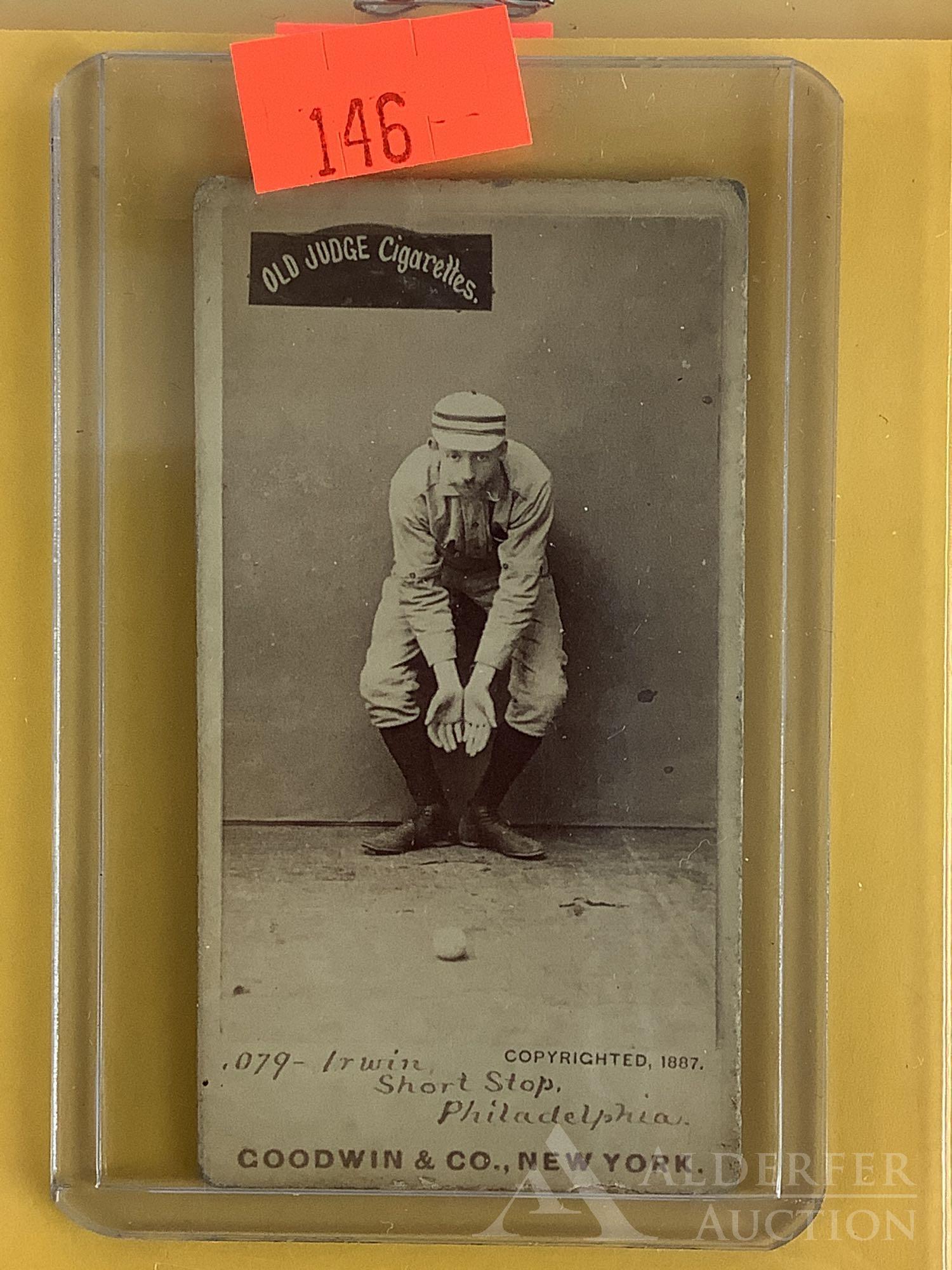 Old Judge N-172 baseball tobacco card: 1887-90 Goodwin Co. New York, Old Judge tobacco card, Irwin, short stop, Philadelphia, fielding hands knee high (opinion of condition VG)