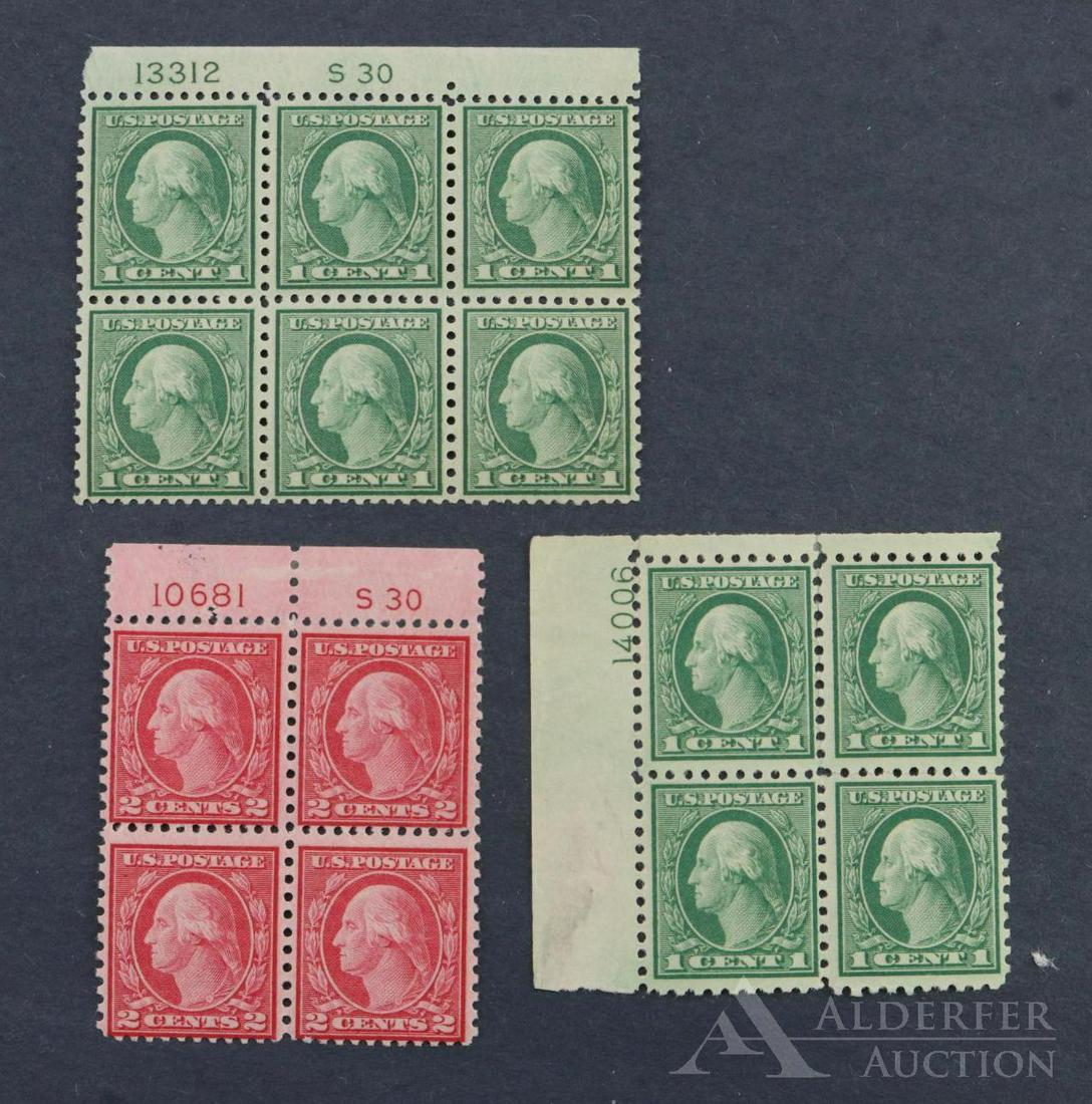 US Stamp #538, #539, #543 Plate Blocks: M, 538 NH; 539 H; 543 NH but Major Perf Sep; Catalog $322