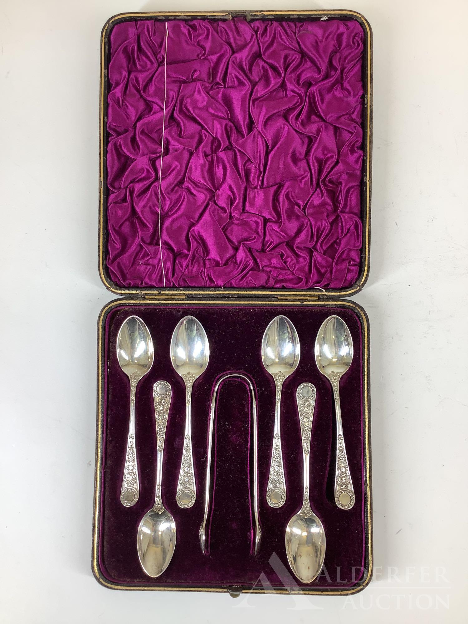 19th c. Cased Sterling Silver Demitasse Spoons: 19th c. sterling silver demitasse spoons and sugar tongs by James Dixon and Sons of Sheffield, dated 1890. Includes fitted velvet lined case. Case measures 7"h x 6.5"w and 4.0 ozt