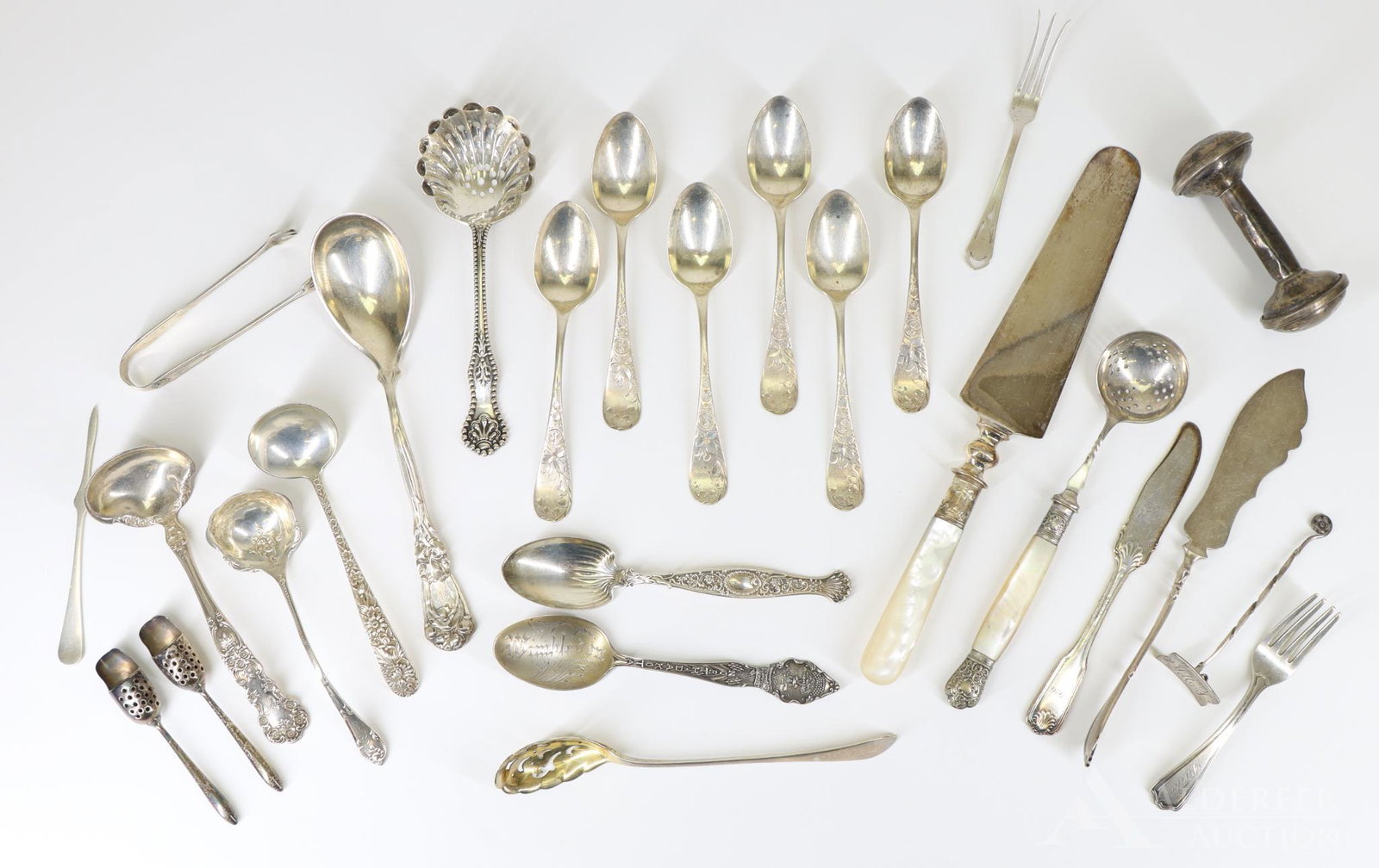 Assorted Sterling Silver Flatware with Multiples: Assorted sterling silver flatware in various patterns with makers including Tiffany & Co, Gorham, Dominic and Haff, S. Kirk and Son, and others. Also includes a Mother of Pearl handled pieces, Gorham 