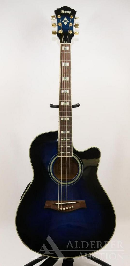 Ibanez Acoustic Electric Guitar: Ibanez AEF30E-MS1201 Serial # SQ 08U00718 Made in China Black to blue burst finish. Pearized inlay throughout. EQ with Bass, Mid, Treb, Volume, and tuner. Plush-lined hard case.