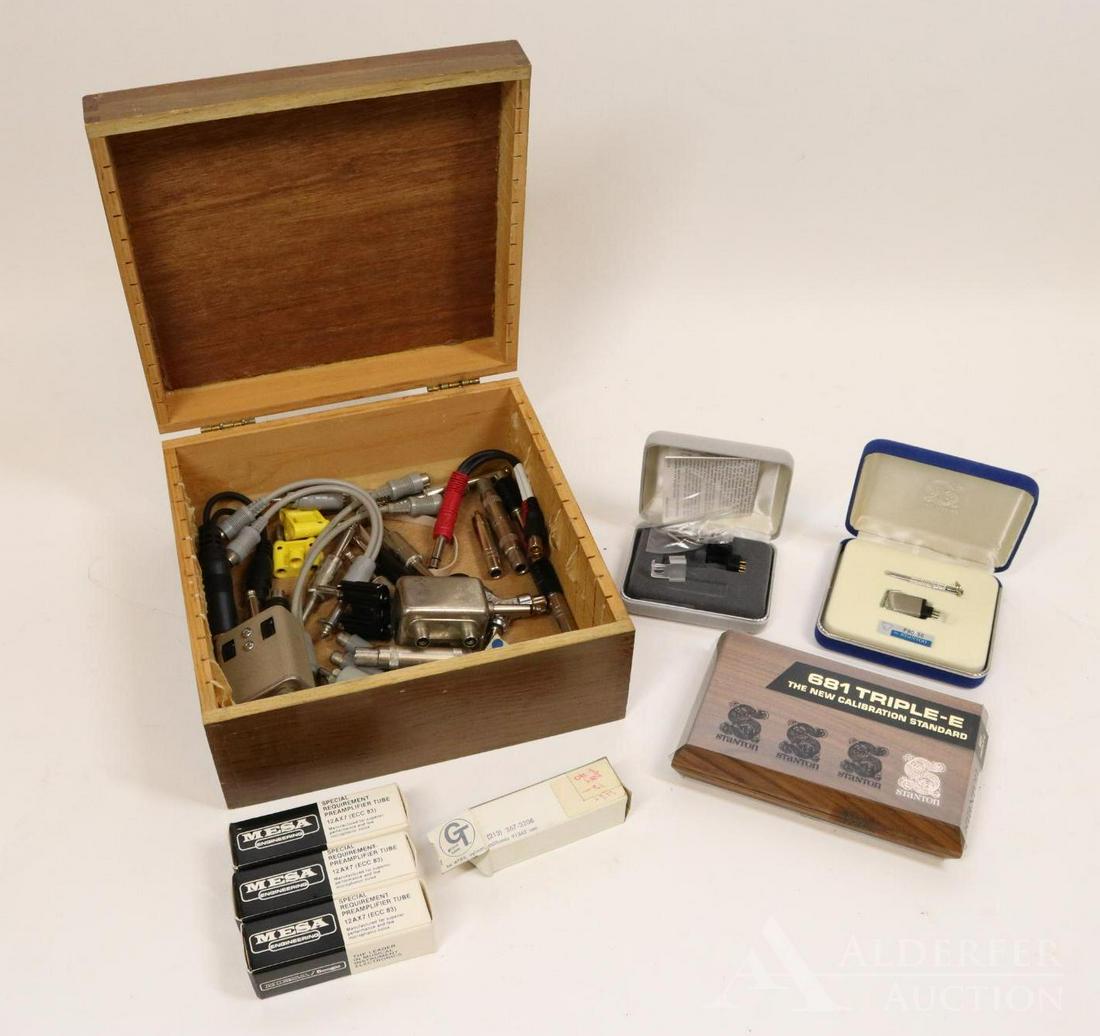 Vintage Audio Parts and Tubes: 3 Mesa Engineering 12AX7 (ECC 83) tubes in box. 1 GT 7025 Tube Stanton stereo stylus. Stanton boxes Wooden box with various 1/4" jacks, dual ended, splitters, etc.