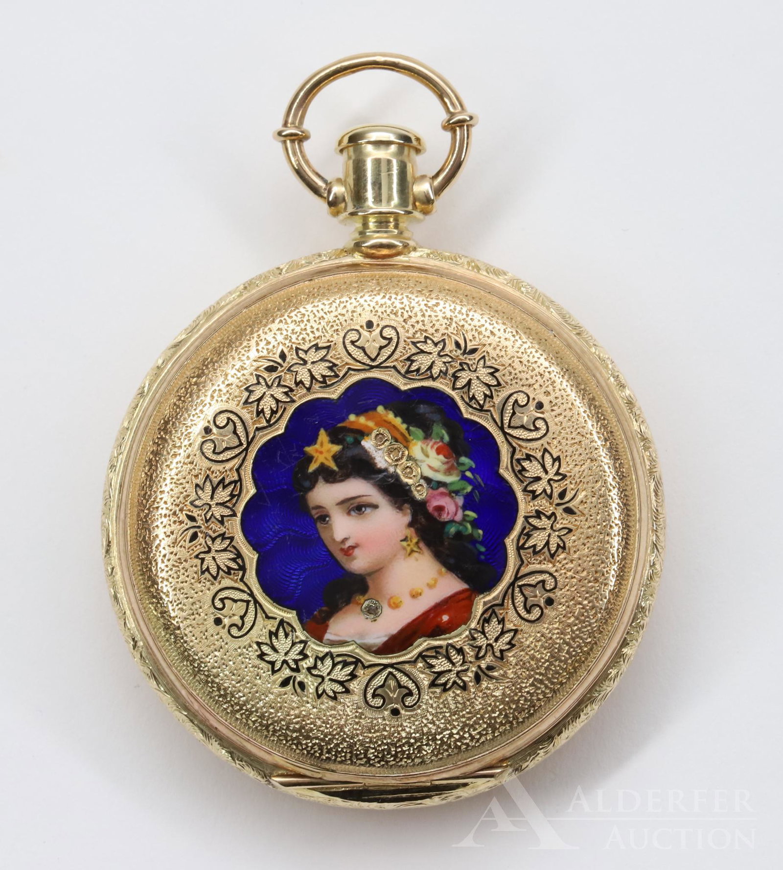 18KY Gold Enameled Pocket Watch: Hunter case with painted portrait of a woman wearing a necklace featuring (1) rose cut diamond. Portrait has chip in hair. Key wind / set, key present. White single sunk dial with black Roman numerals
