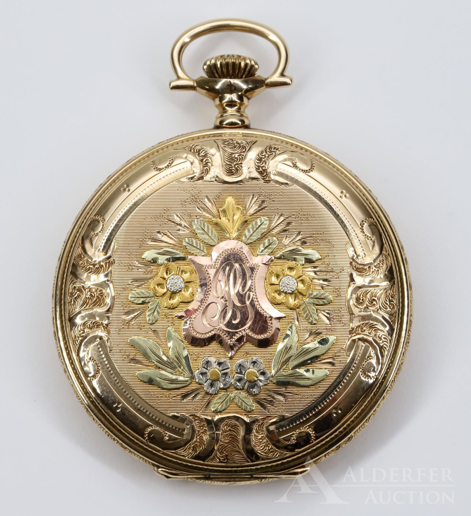 14K Gold Elgin Pocket Watch: Hunter case with five shades of gold decor features a high relief floral design and monogrammed shield on front cover and floral spray on rear cover. White single sunk dial with black Roman numerals, 
