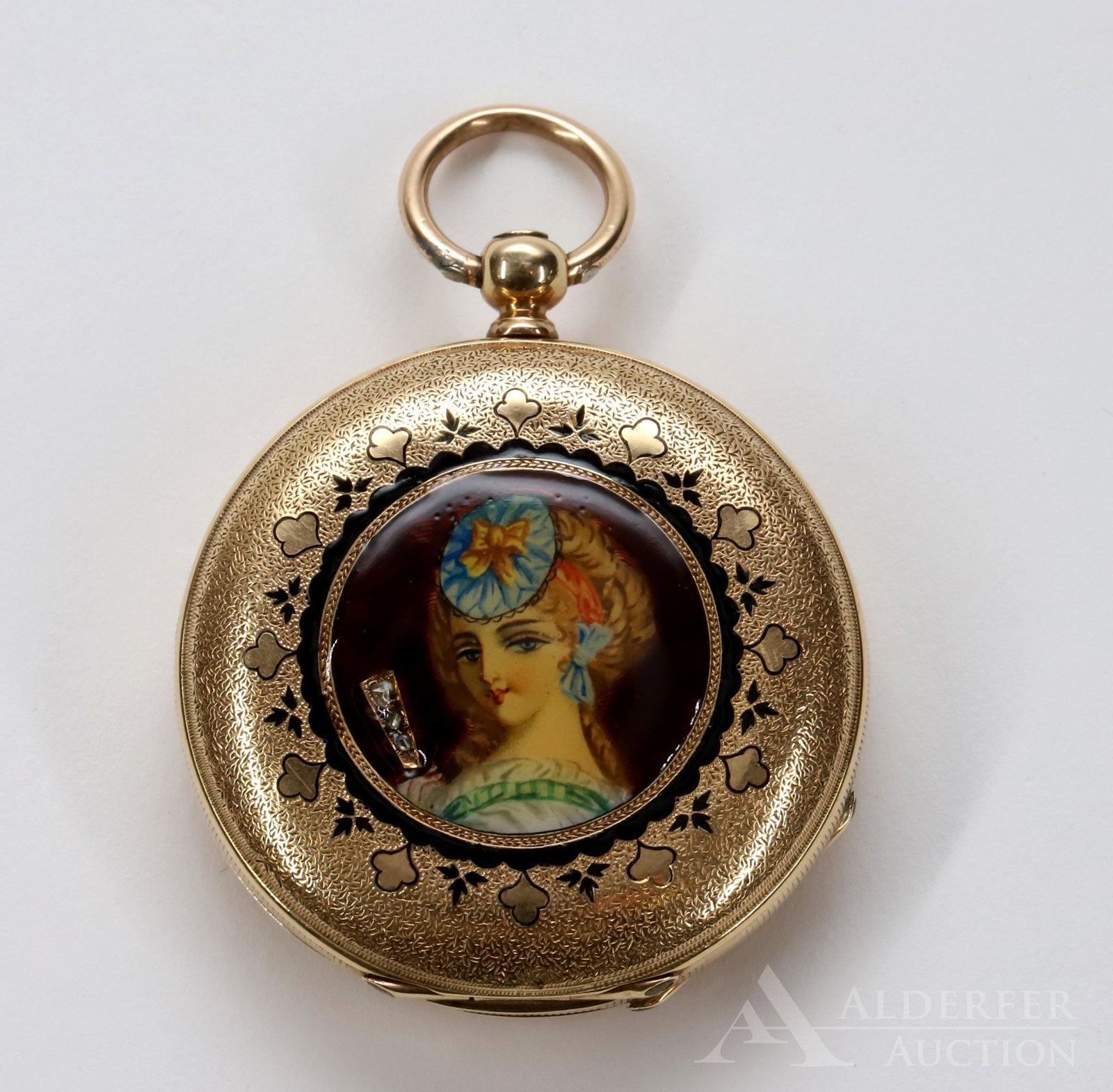 Fs Mathile 14KY Gold Enameled Pocket Watch: Hunter case with painted portrait of a woman holding a closed fan featuring (2) rose cut diamonds. Key wind / set. Patent lever full jewelled, serial #53341, Locle. White single sunk dial with black R