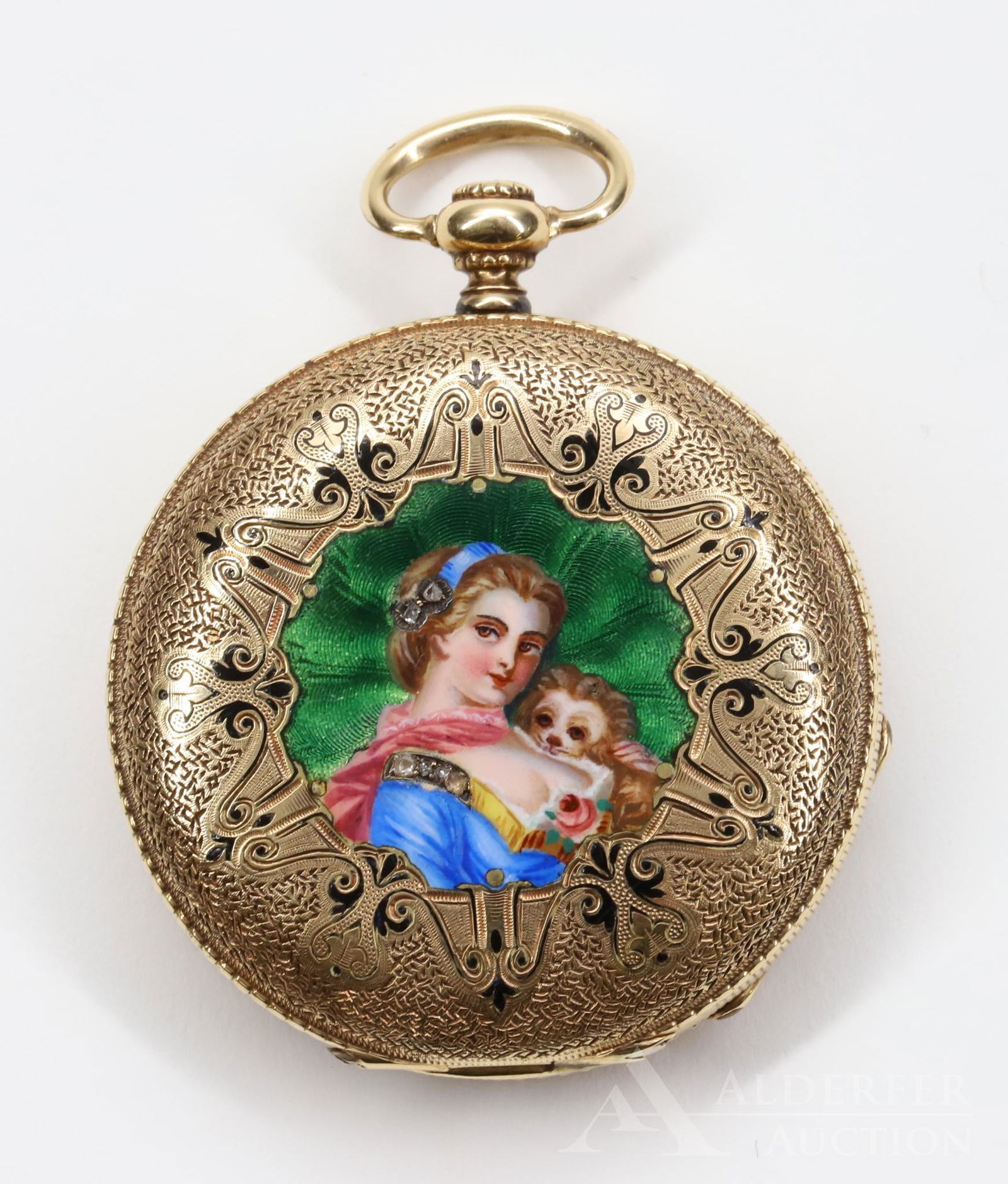 Emile Jacot 14KY Gold Enameled Pocket Watch: Hunter case with painted portrait of a woman holding her pet. (2) rose cut diamonds accent her hair ribbon and (4) the shoulder of her dress. Key wind / set, key present. No. 92459, Emile Jacot Locle.