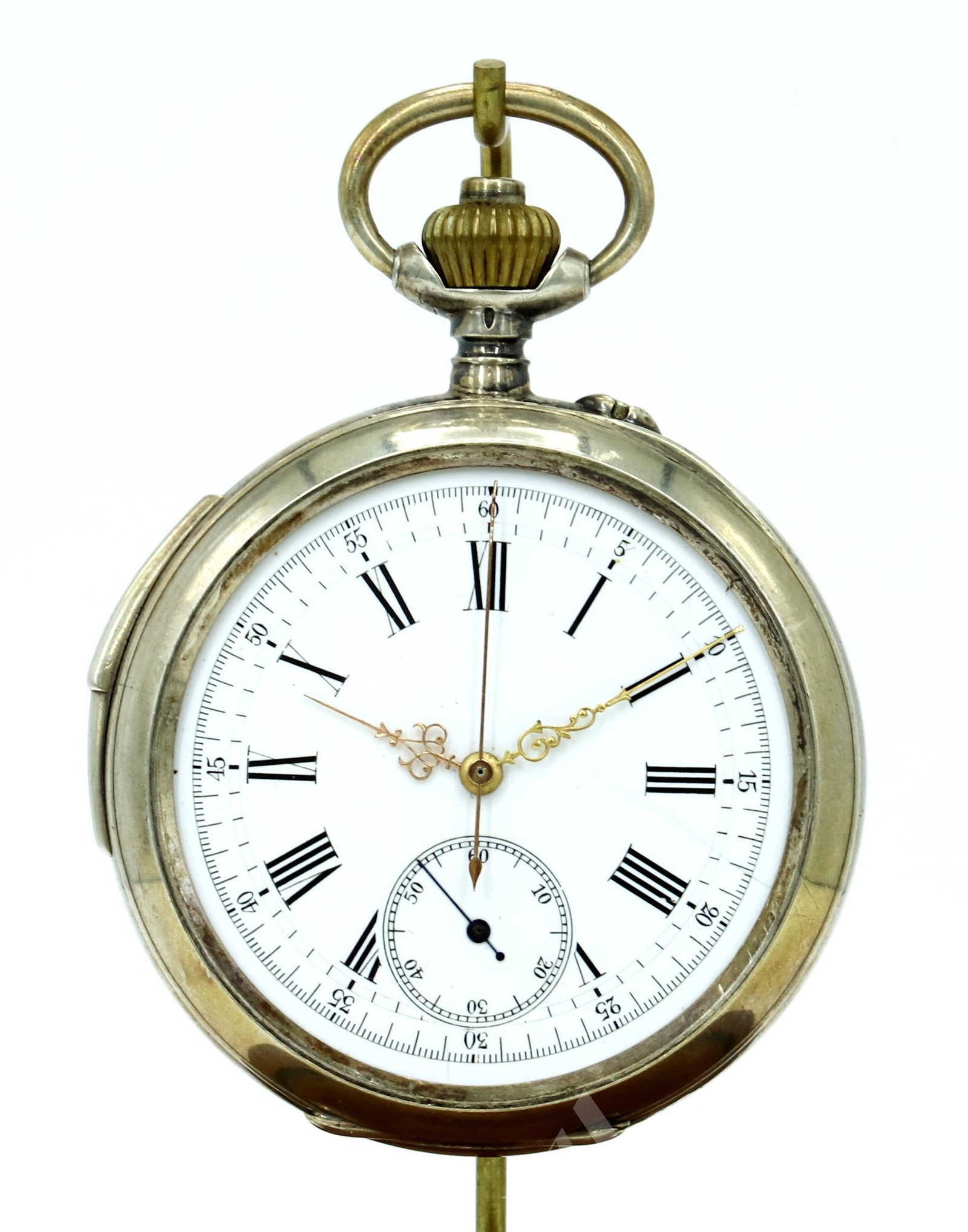 Silver Repeater Hour - Quarter Hour Pocket Stop Watch: Sterling .875 silver open face engine turned case engraved with shield on rear cover. Slide mechanism for repeater function. Hallmarked. White single sunk dial with black Roman numerals and gold Lou
