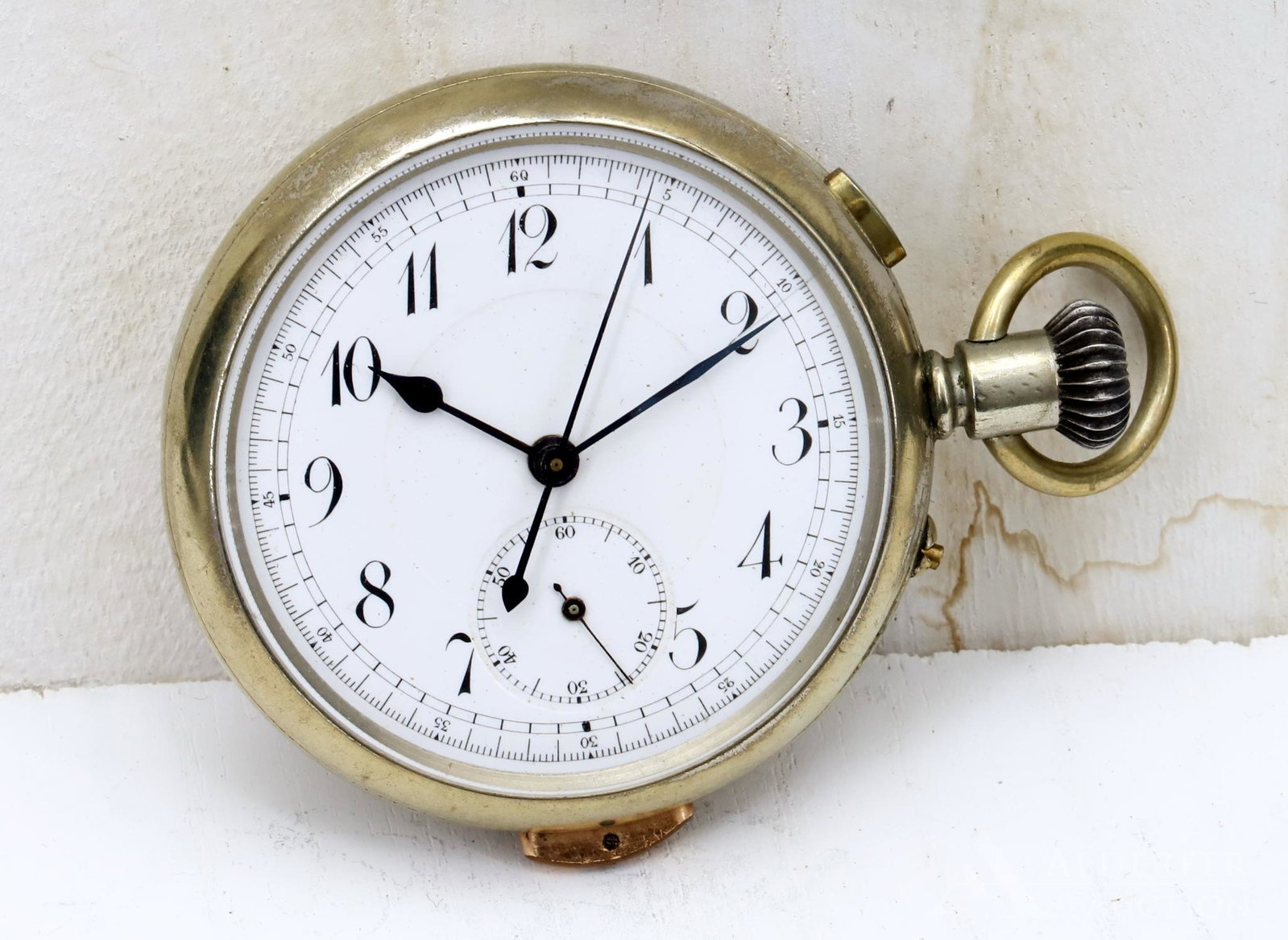 Repeater Hour - Quarter Hour Pocket Stop Watch: Open face case side winder. White double sunk dial with black Arabic numerals and blue hands and an arrow tipped stop watch sweep hand. Pin set. Depress mechanism for repeater function. Currently runn