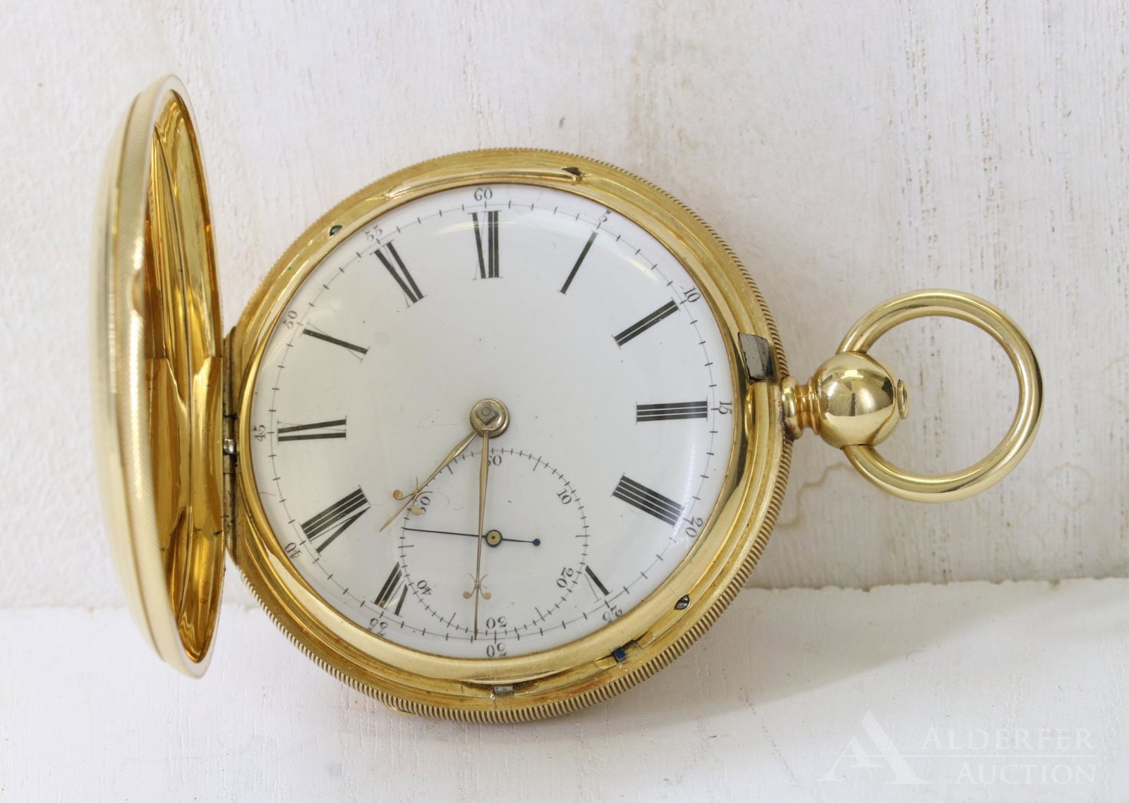 Hamilton Verge Fusee 18KY Gold Pocket Watch: Hamilton Watch Co.John Harrison Liverpool. Engine turned and engraved hunter case with monogrammed shield dated 1860. Key wind / set. White dial has black Roman numerals, golden hands and a second reg