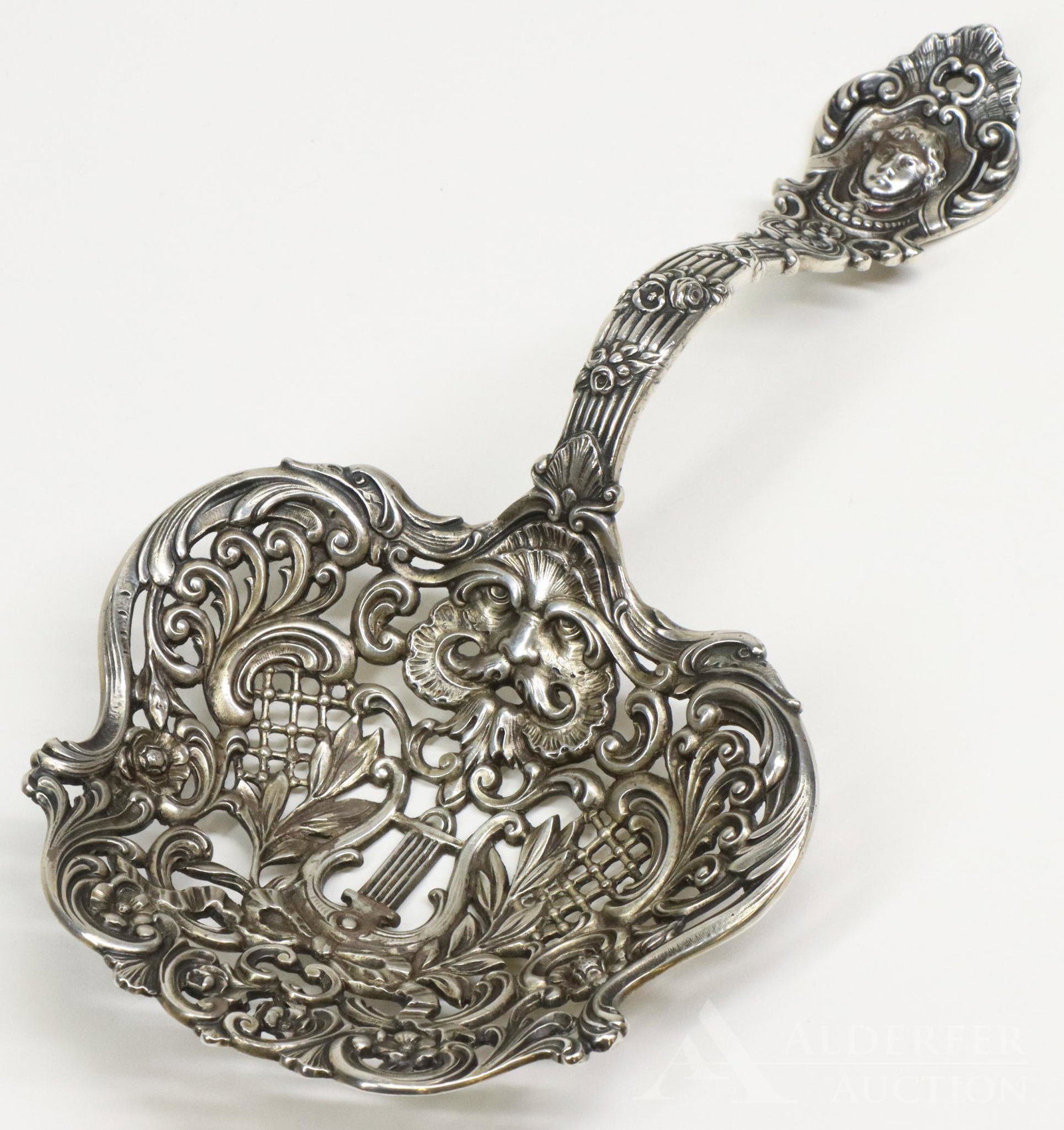 19th c. Gorham Sterling Silver Bon Bon Scoop: Gorham sterling silver bon bon scoop, date mark sickle for 1899. 6.8ozt