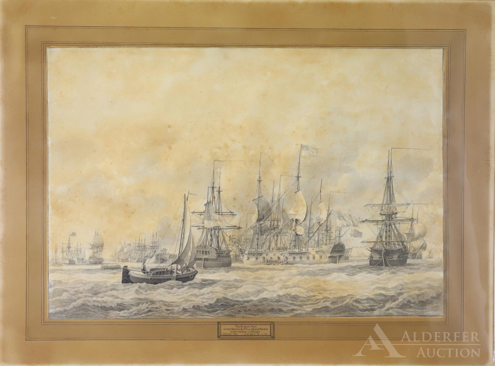 Anglo-Russian Invasion of Holland, Watercolor -1799: Watercolor titled "The English Fleet Under Command of Vice-Admiral Mitchell in the Harbour of Helden-September 1799 PAz Blauw del.ad.viv " measuring 13.25" x 19" and mounted on heavier paper measuring