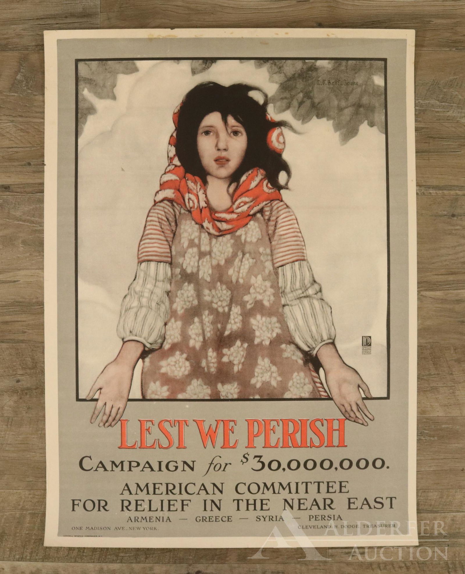 WWI Relief of the Near East Poster: A United States World War I poster for the American Committee for Relief in the Near East with artwork by Ethel Franklin Betts. Text reads "Lest we perish Campaign for $30,000,000 ; American Committee