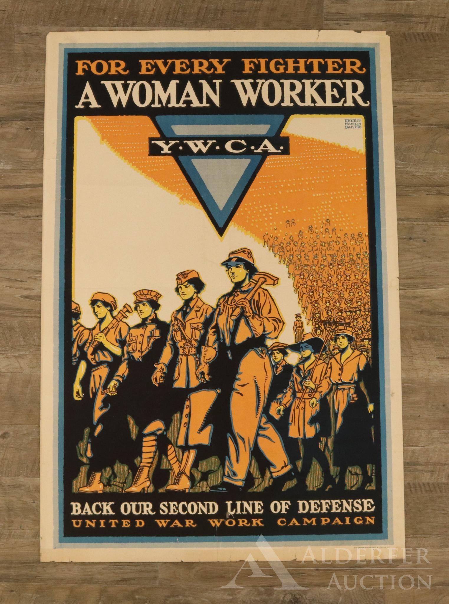 WWI YWCA Woman War Workers Poster: A United States World War I poster for the YWCA women's work recruitment with the United War Work Campaign with artwork by Ernest Hamlin Baker. Text reads "For Every Fighter a Woman Worker Y.W.C.A. Ba