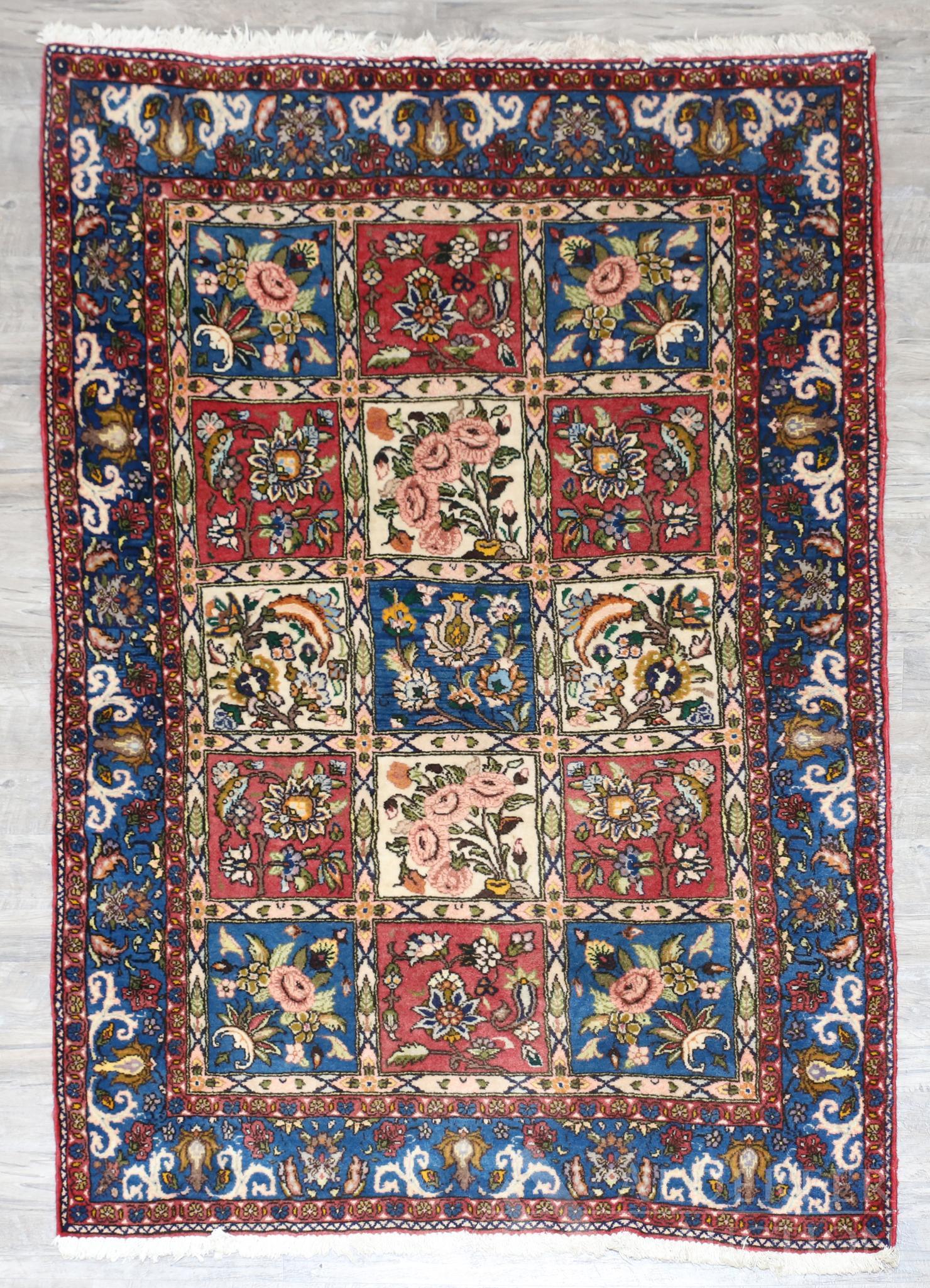 Persian Area Rug: Hand knotted with a paneled floral field with a navy blue foliage and floral main border. Hand woven. 6'l x 4'w