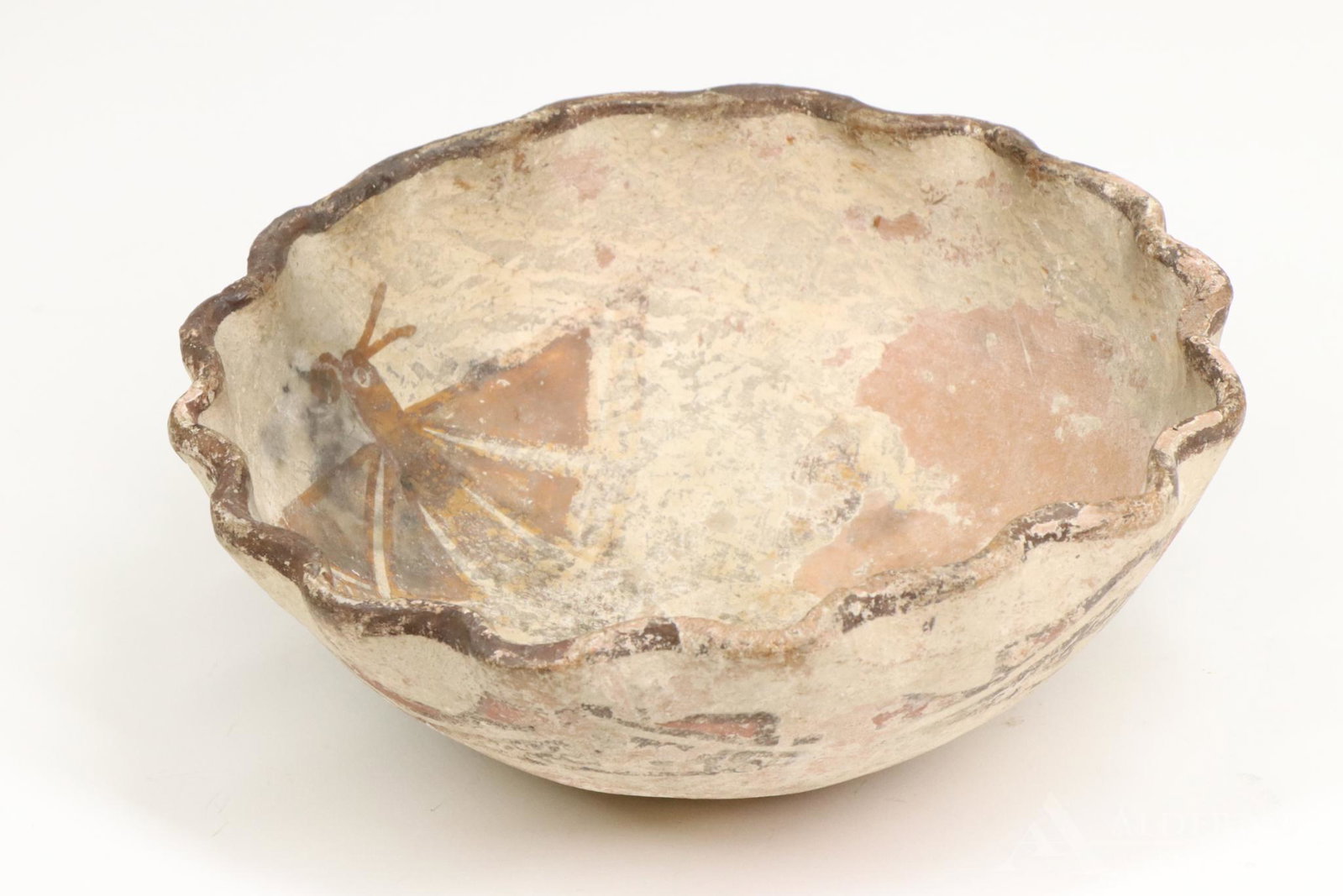 Early Hopi Bowl: Early Hopi bowl, pre-Columbian, red earthenware bowl decorated with white slip and red and brown pigments. Interior decorated with a prominent moth and the exterior with typical geometric designs. 2.