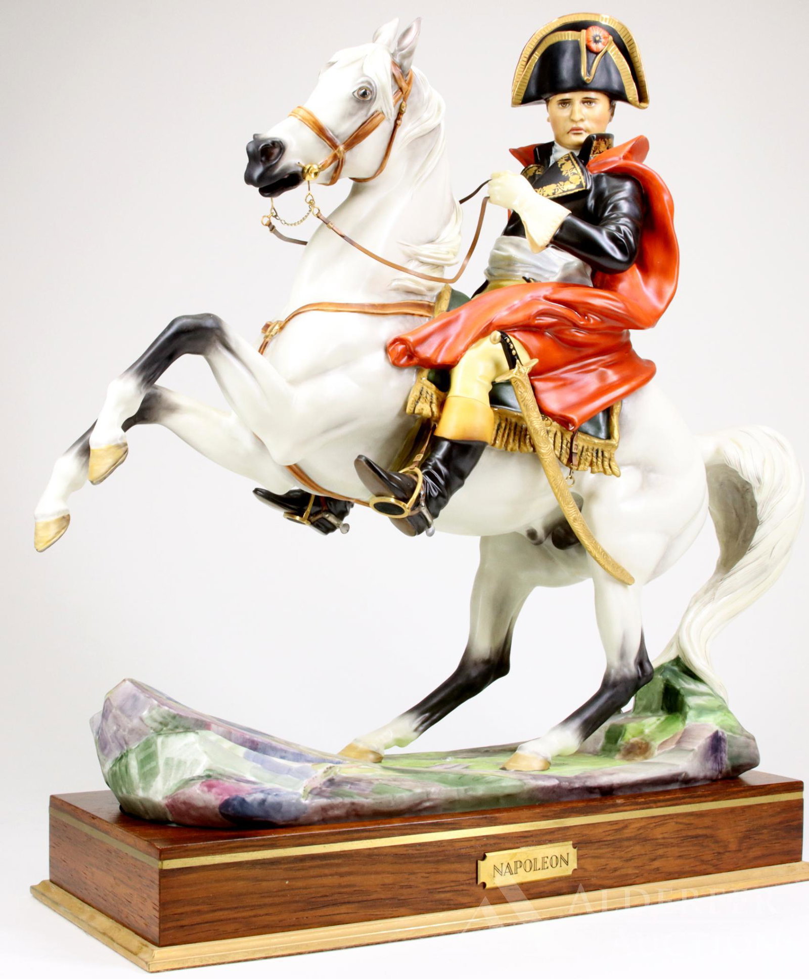 Royal Worester Napoleon Bonaparte Figurine: Royal Worester figure of Napleon Bonaparte modeled by Bernard Winskill. Wearing full military uniform and riding a rearing white horse. 15.5"h x 15"w
